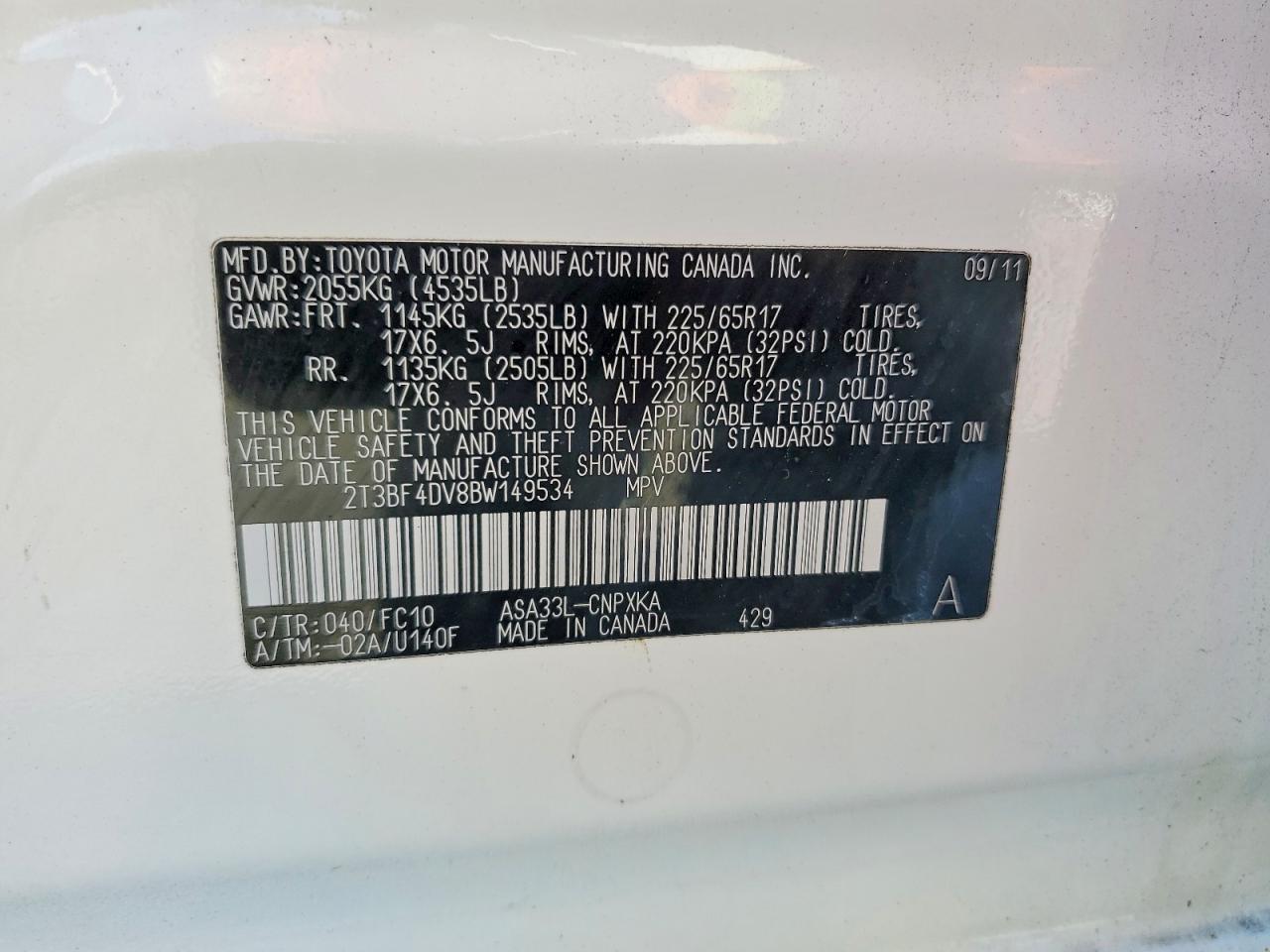 2011 Toyota Rav4 Base White vin: 2T3BF4DV8BW149534