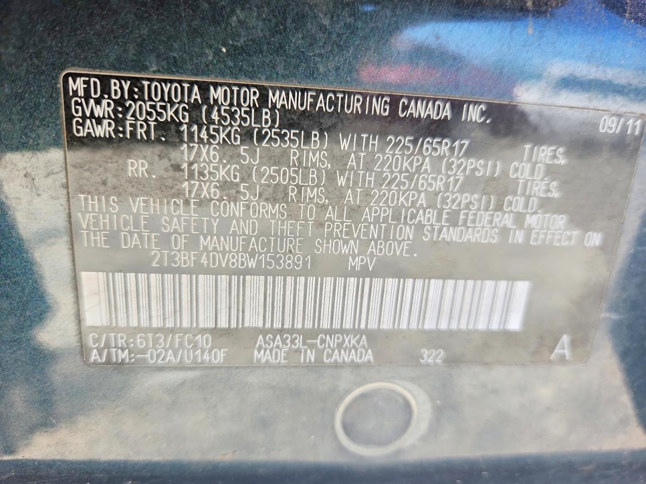 2011 Toyota Rav4 Base Teal vin: 2T3BF4DV8BW153891