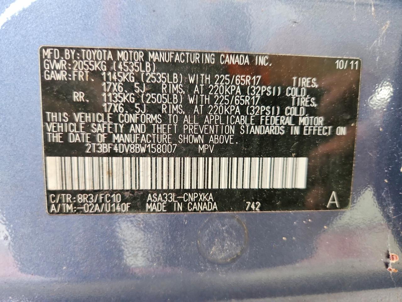 2011 Toyota Rav4 Base Blue vin: 2T3BF4DV8BW158007