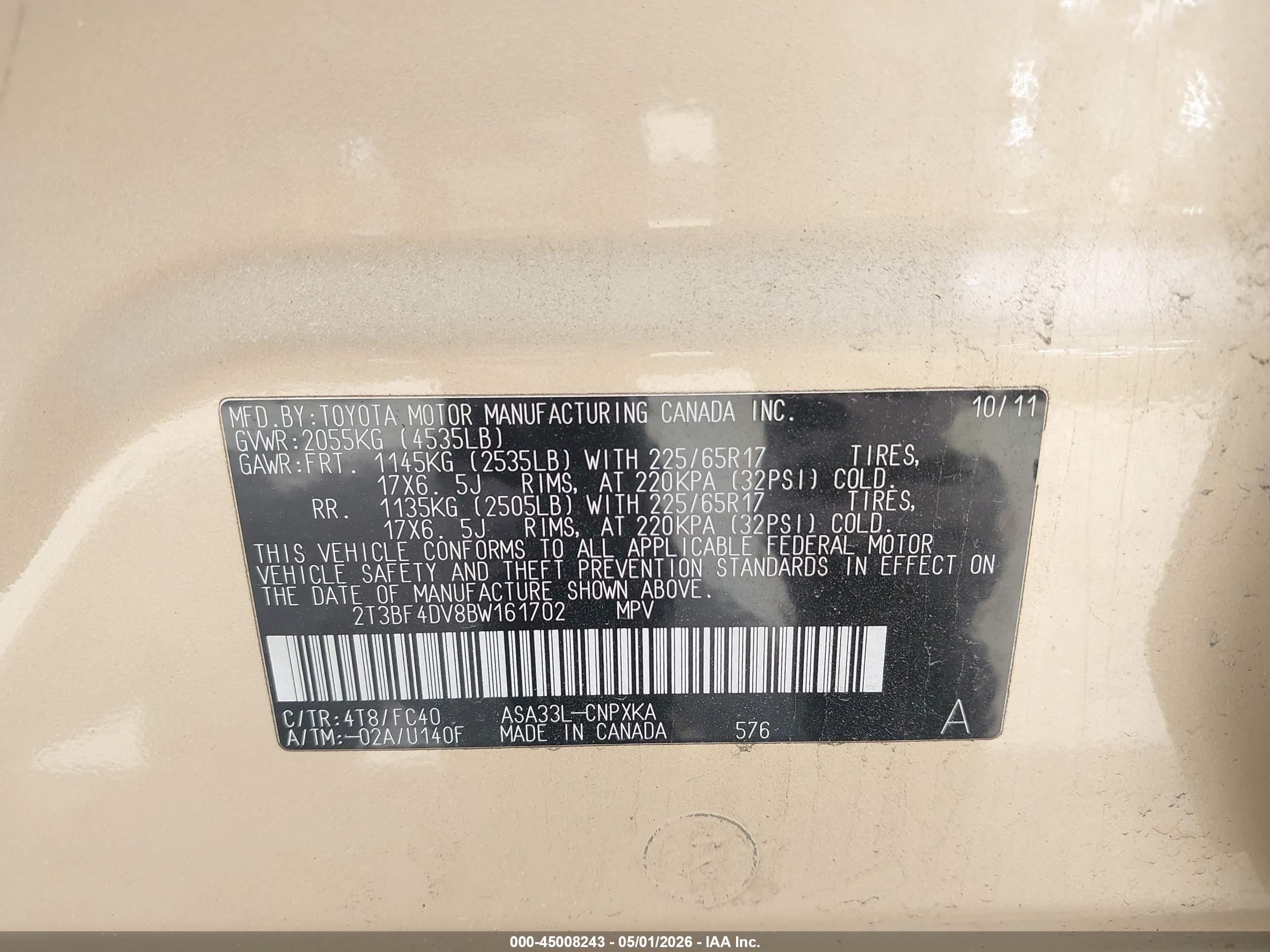2011 Toyota Rav4   Champagne vin: 2T3BF4DV8BW161702