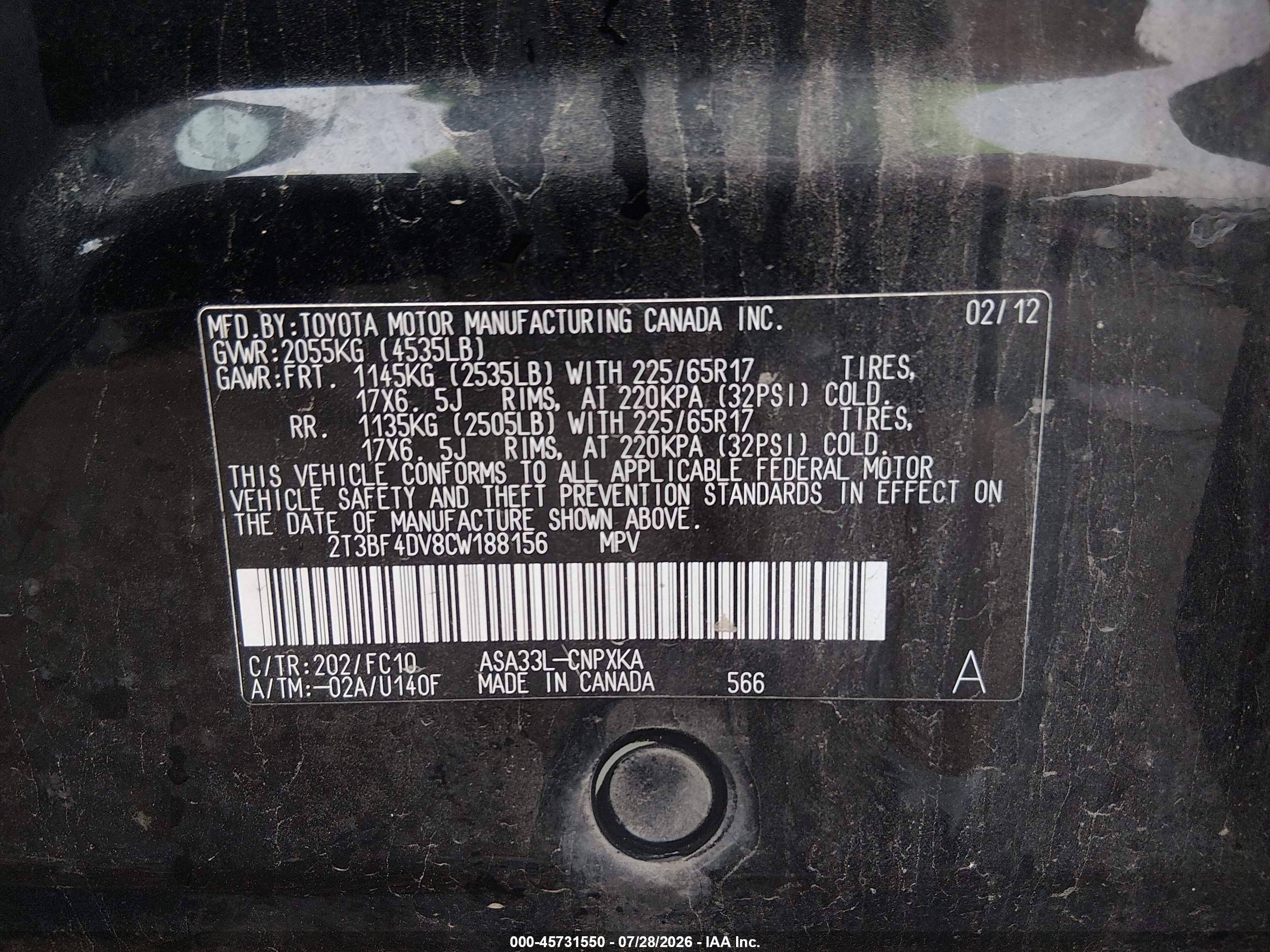 2012 Toyota Rav4   Black vin: 2T3BF4DV8CW188156
