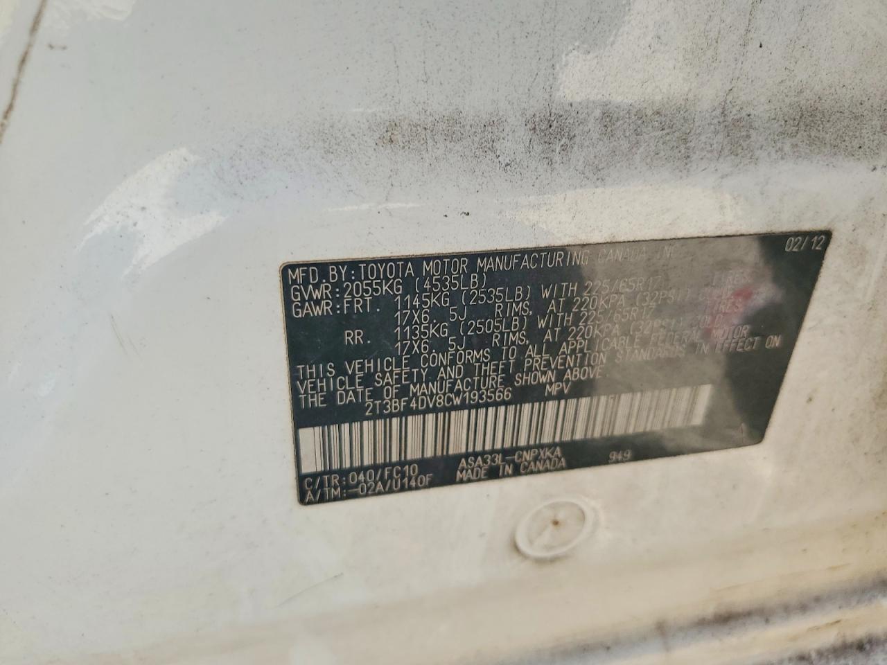 2012 Toyota Rav4 Base Белый vin: 2T3BF4DV8CW193566