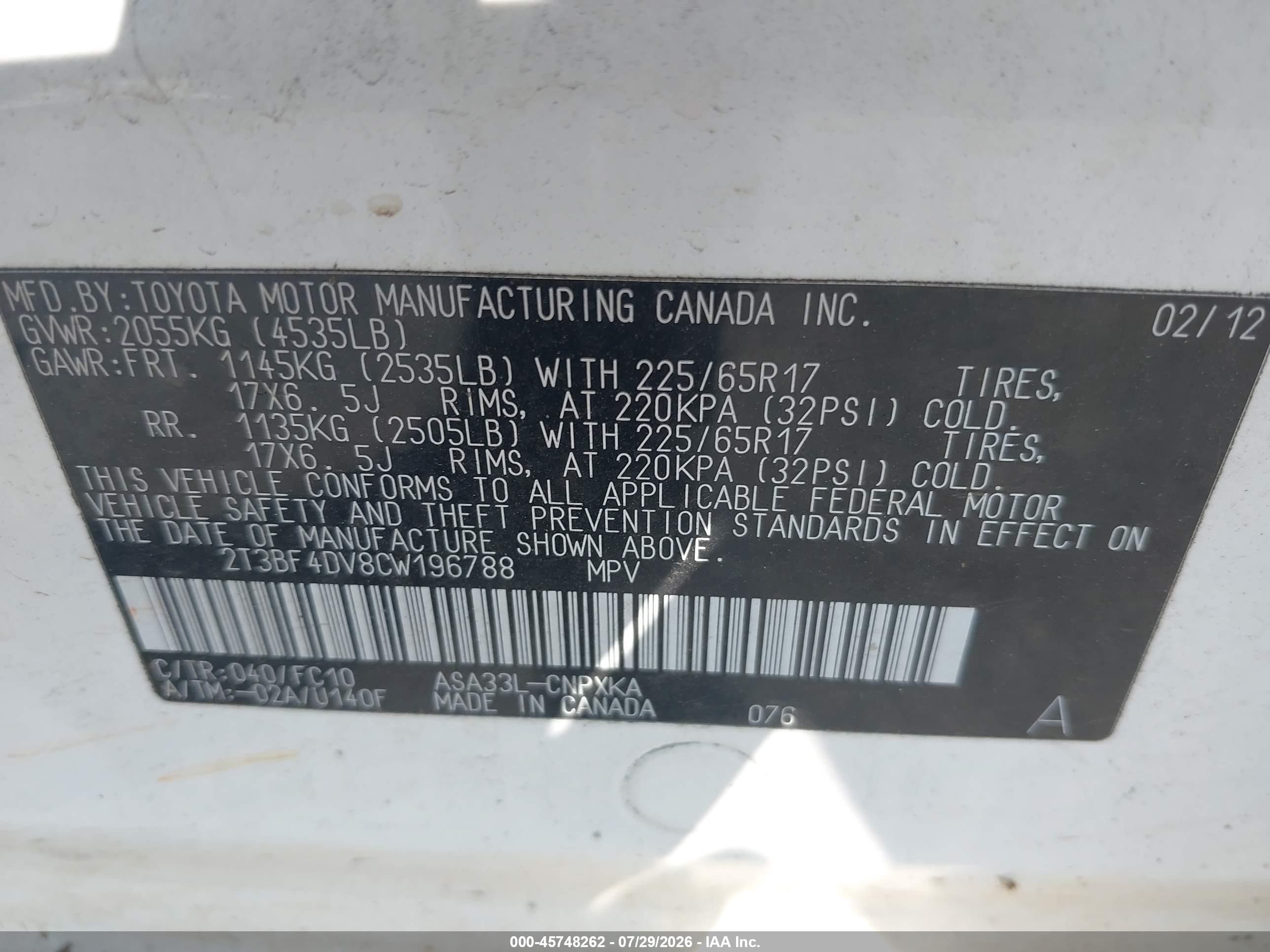 2012 Toyota Rav4   Белый vin: 2T3BF4DV8CW196788