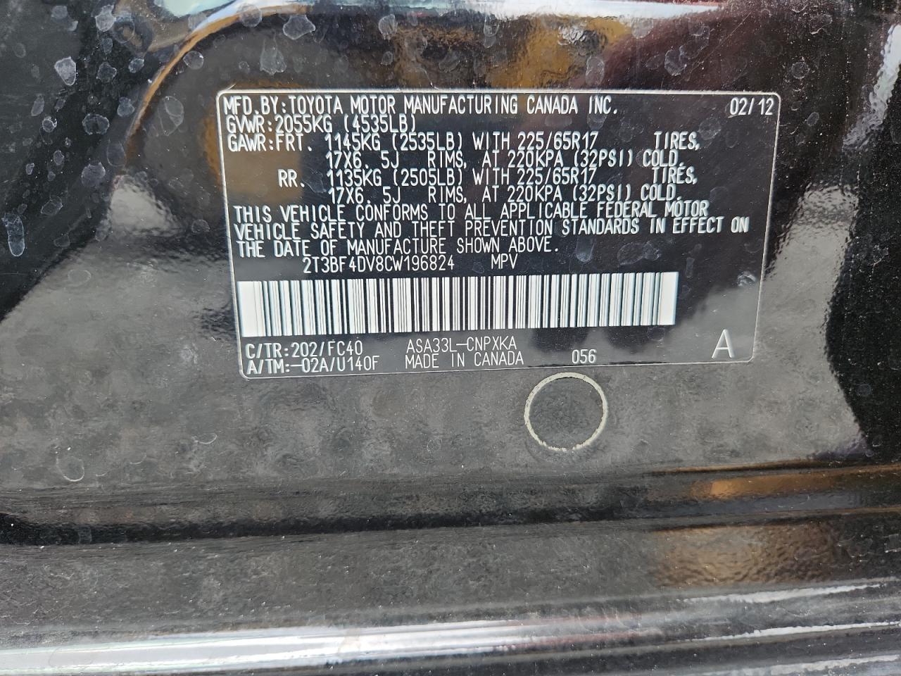 2012 Toyota Rav4 Base Black vin: 2T3BF4DV8CW196824