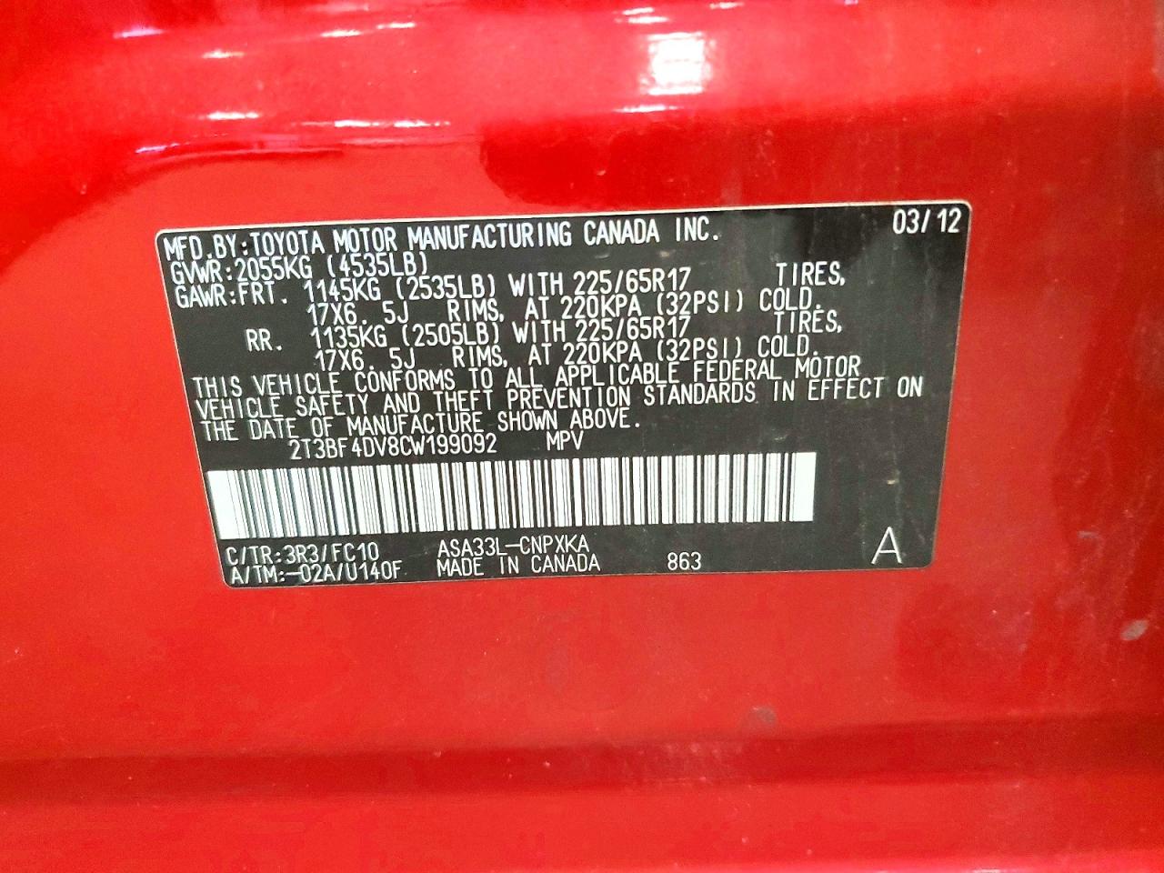 2012 Toyota Rav4 Base Red vin: 2T3BF4DV8CW199092
