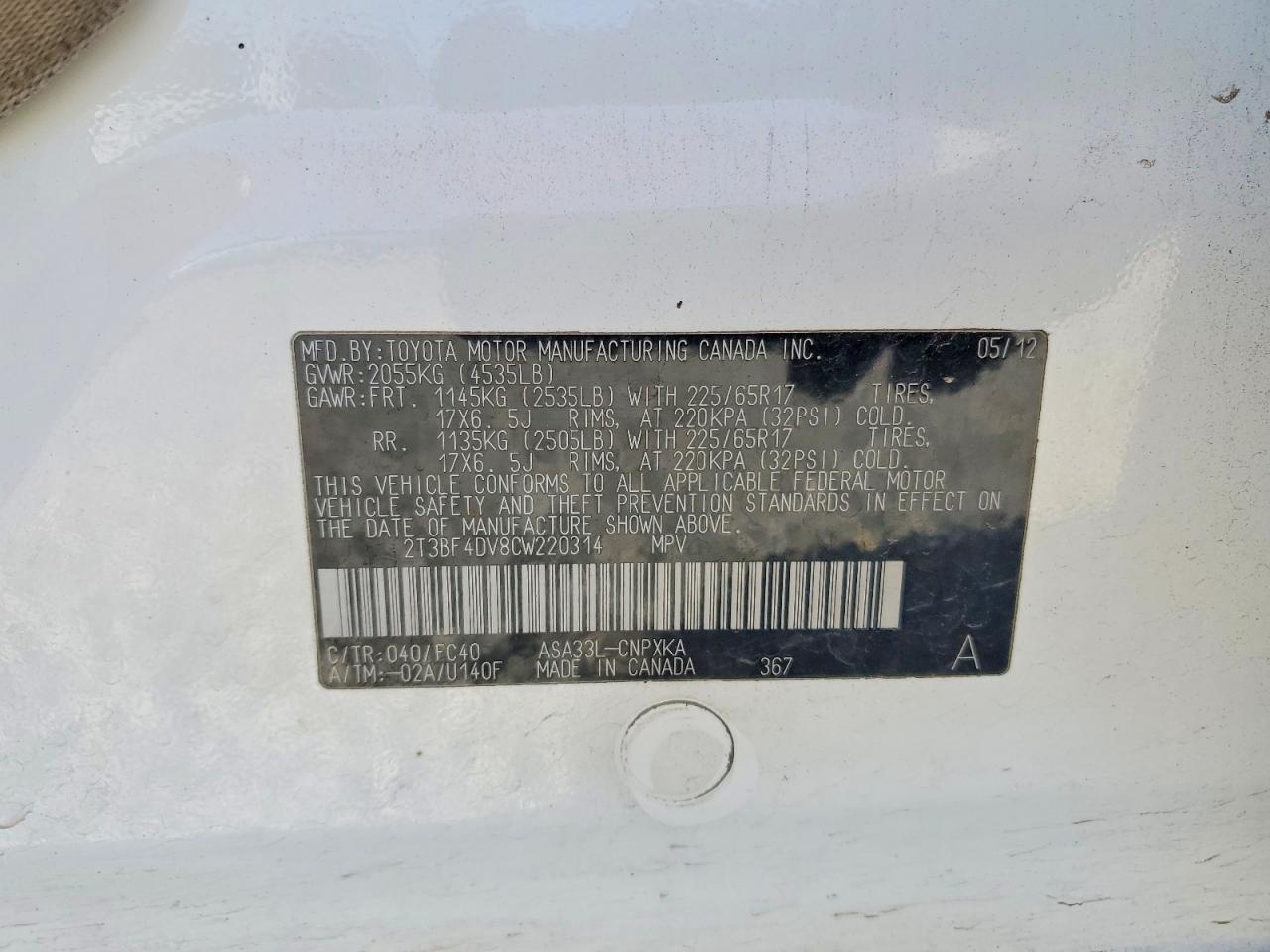 2012 Toyota Rav4 Base White vin: 2T3BF4DV8CW220314