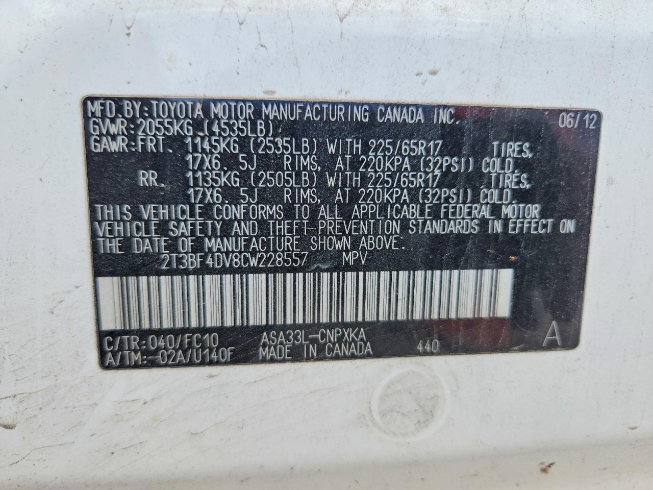 2012 Toyota Rav4 Base White vin: 2T3BF4DV8CW228557