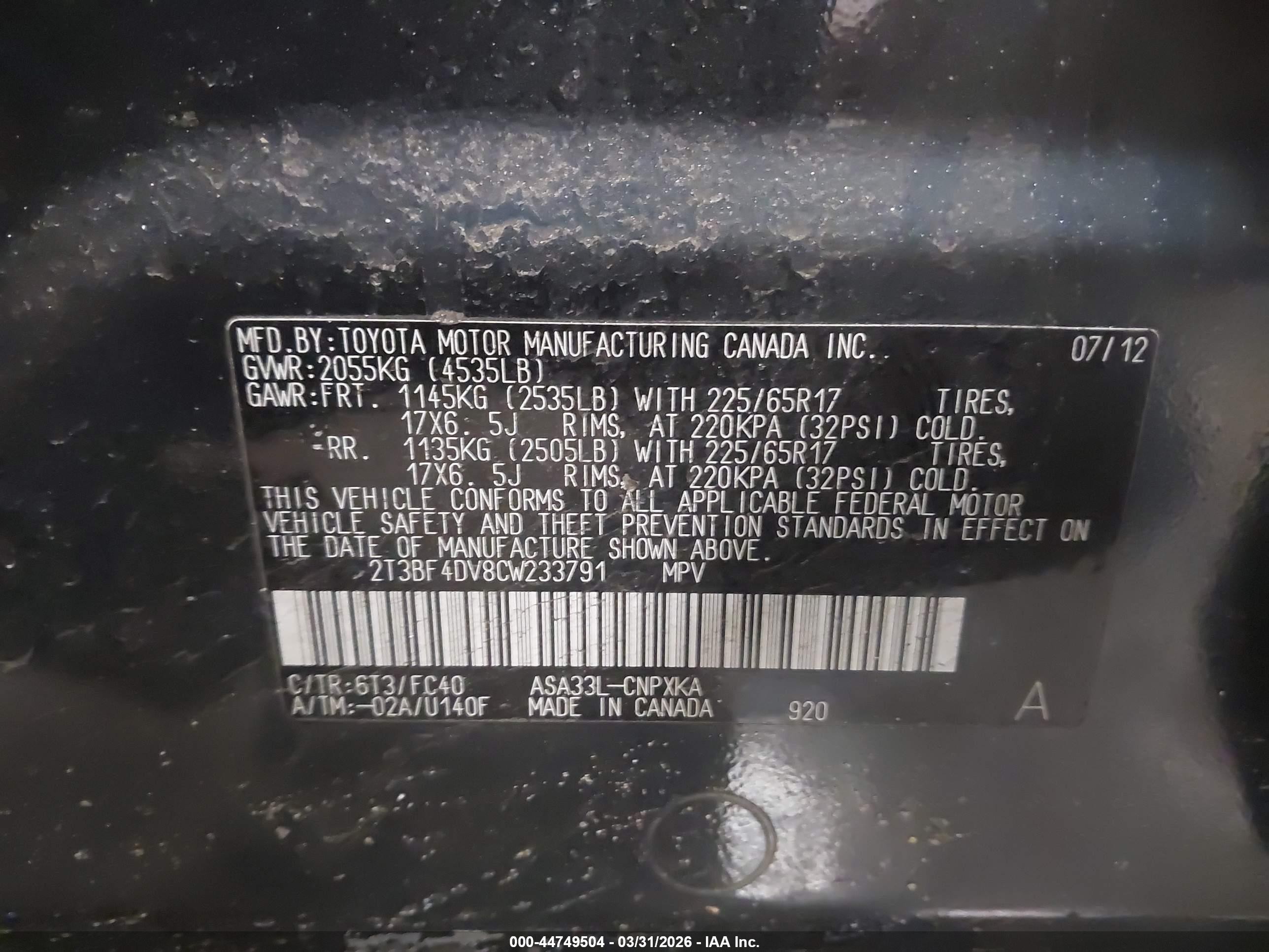 2012 Toyota Rav4   Blue vin: 2T3BF4DV8CW233791