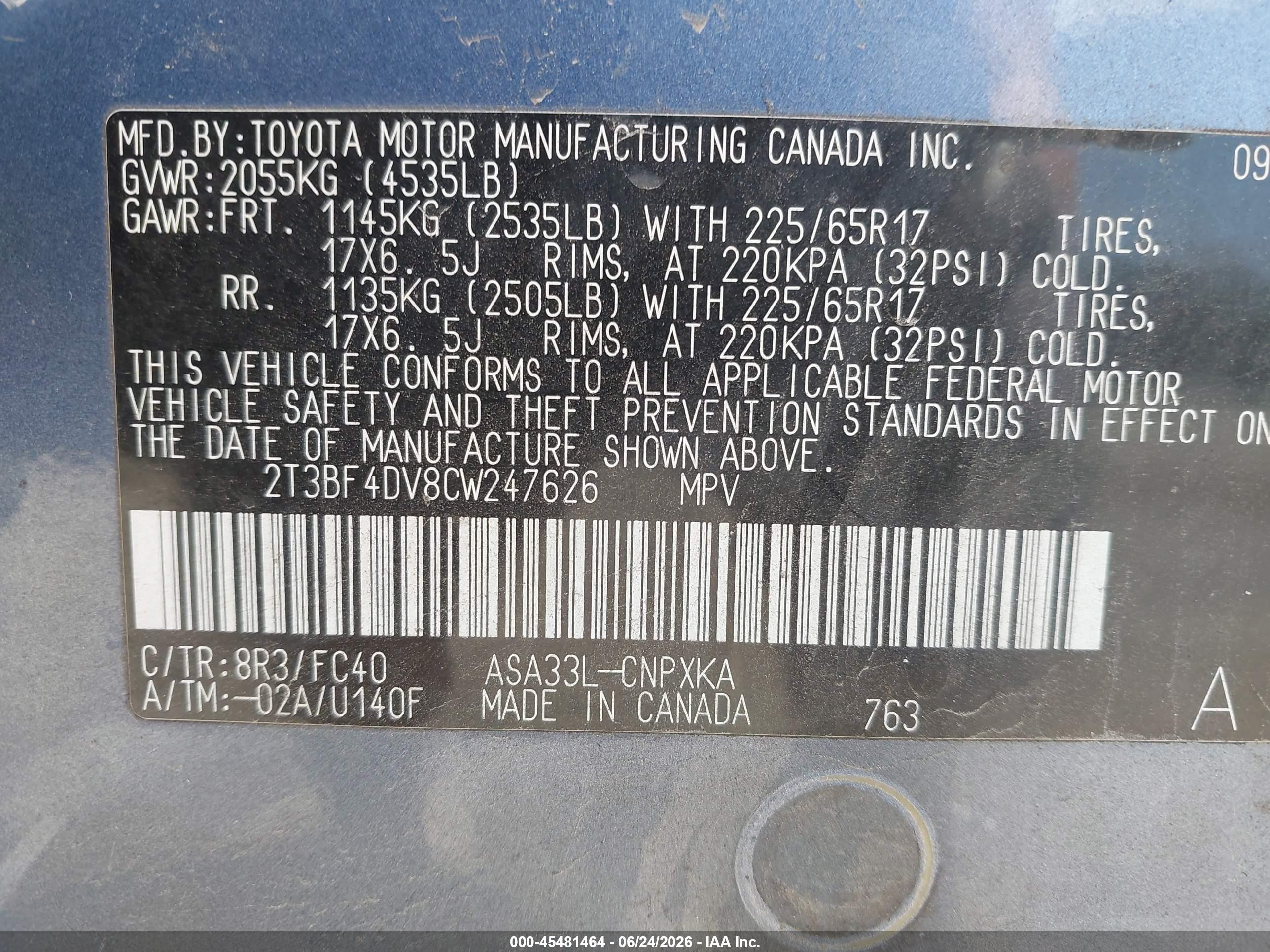 2012 Toyota Rav4   Blue vin: 2T3BF4DV8CW247626