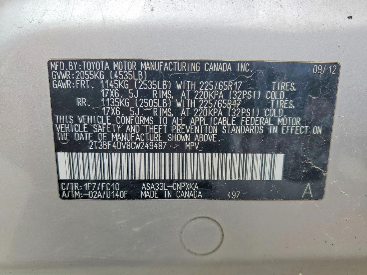 2012 Toyota Rav4 Base Silver vin: 2T3BF4DV8CW249487