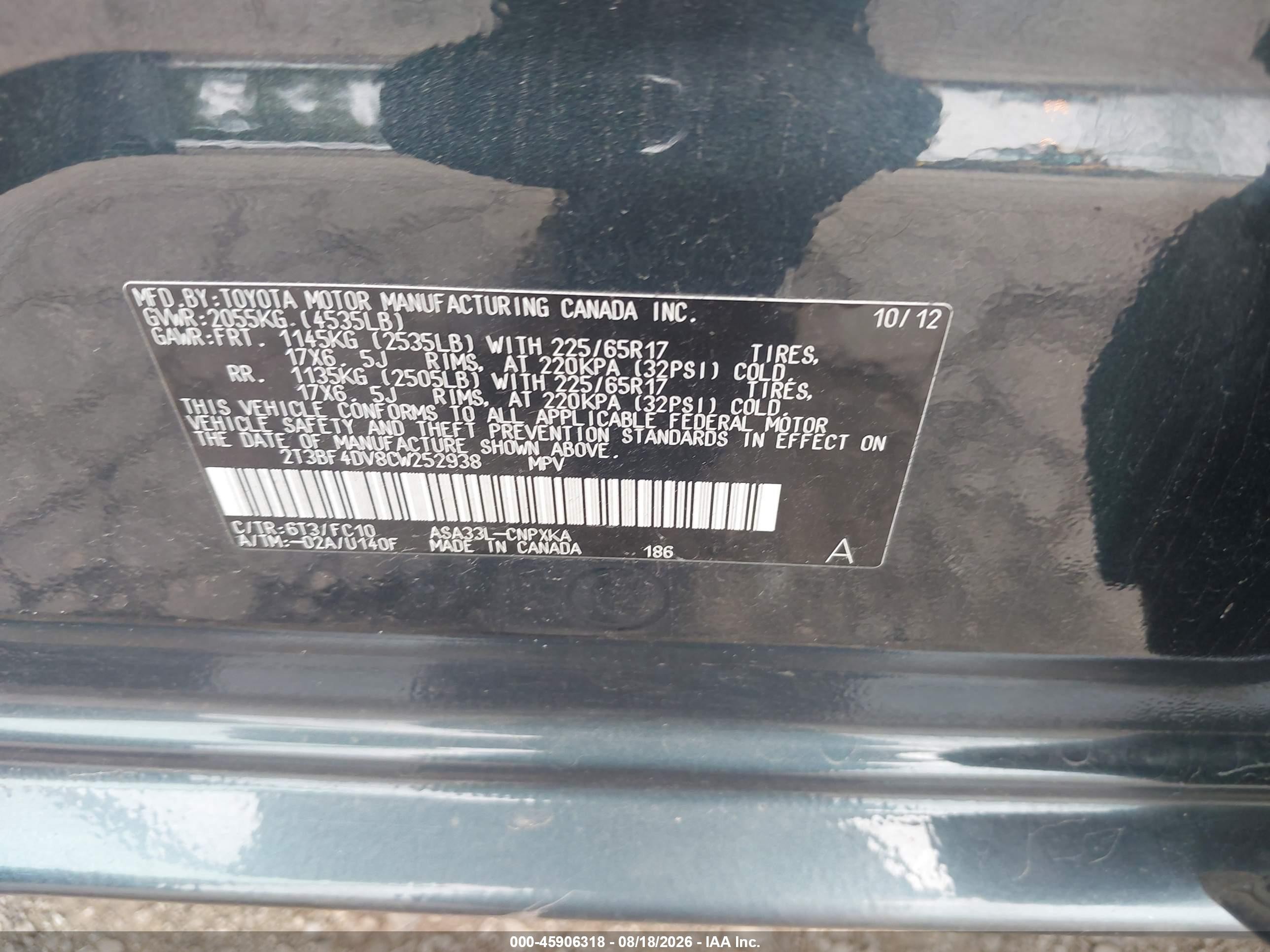 2012 Toyota Rav4   Green vin: 2T3BF4DV8CW252938