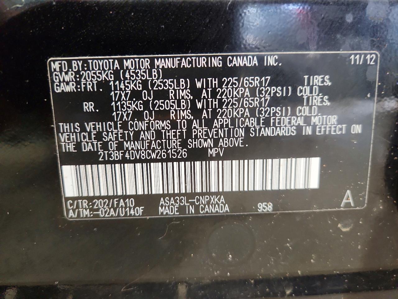 2012 Toyota Rav4 Base Black vin: 2T3BF4DV8CW261526