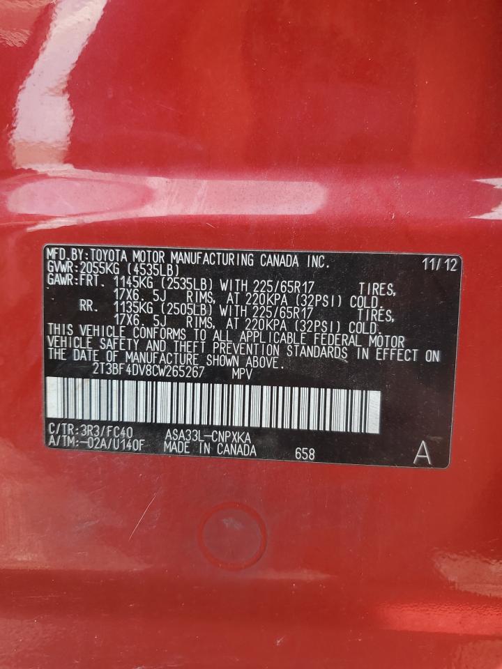 2012 Toyota Rav4 Red vin: 2T3BF4DV8CW265267