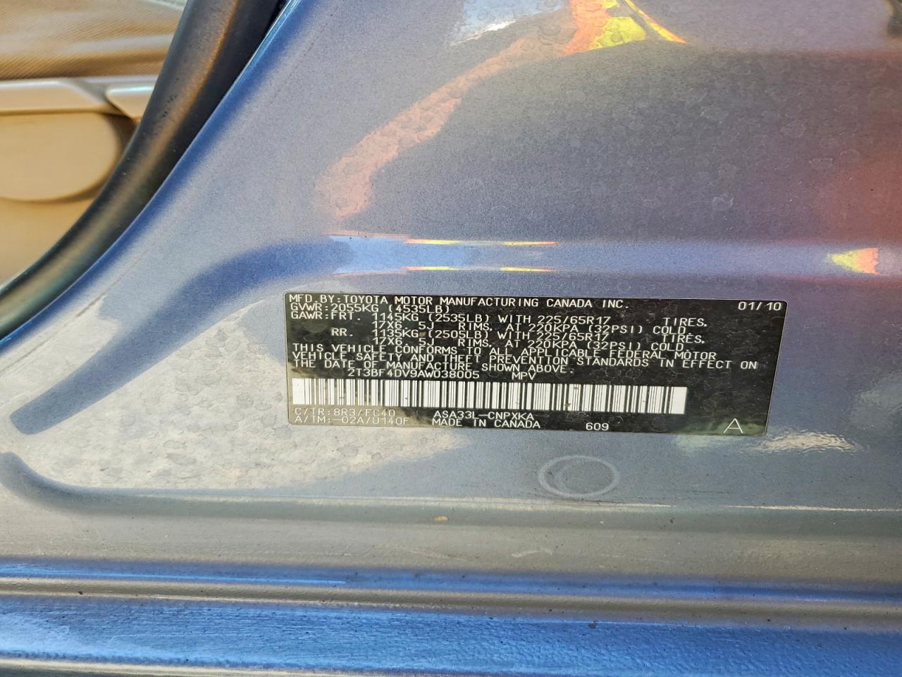 2010 Toyota Rav4 Base Blue vin: 2T3BF4DV9AW038005