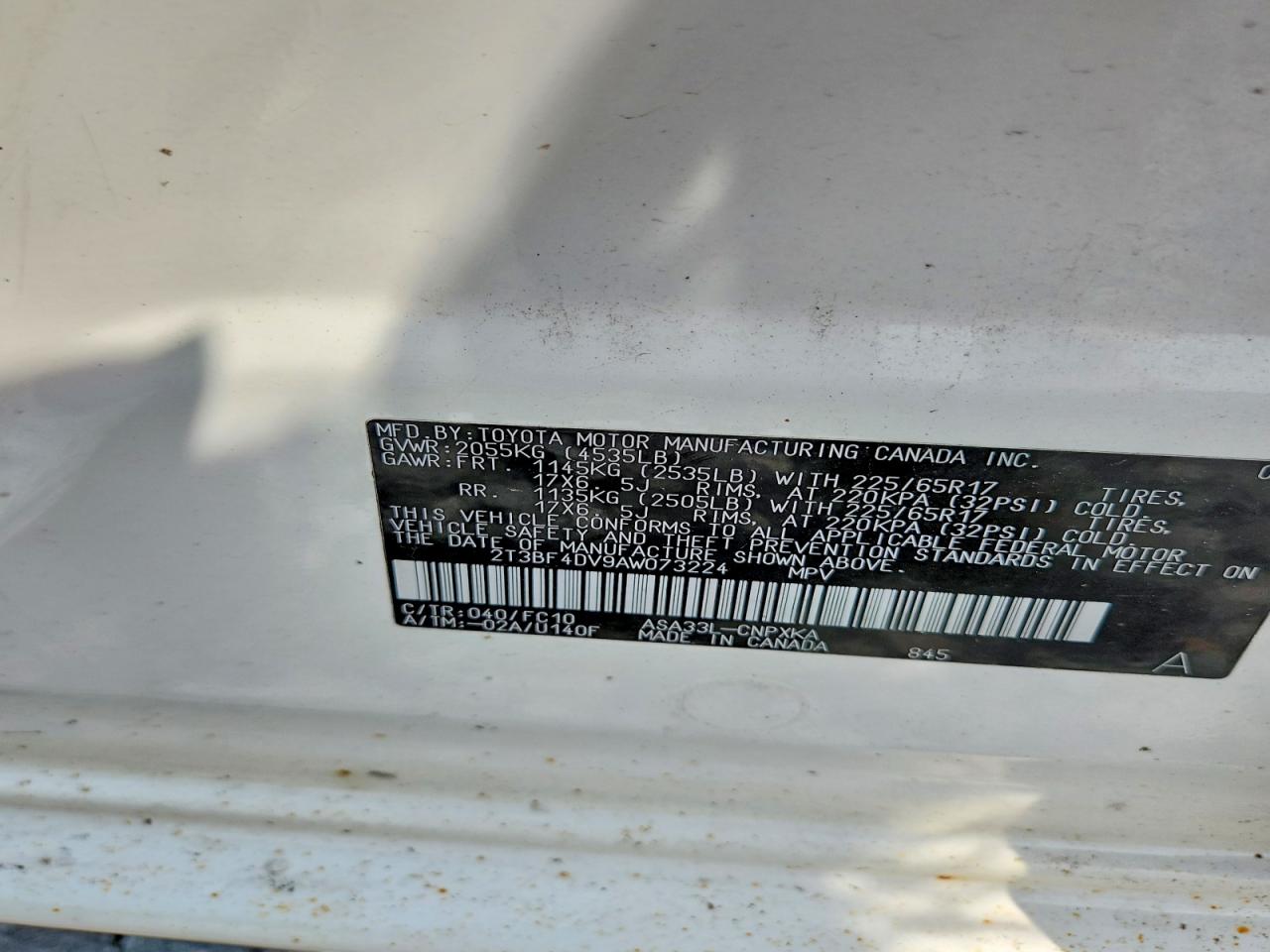 2010 Toyota Rav4 Base White vin: 2T3BF4DV9AW073224