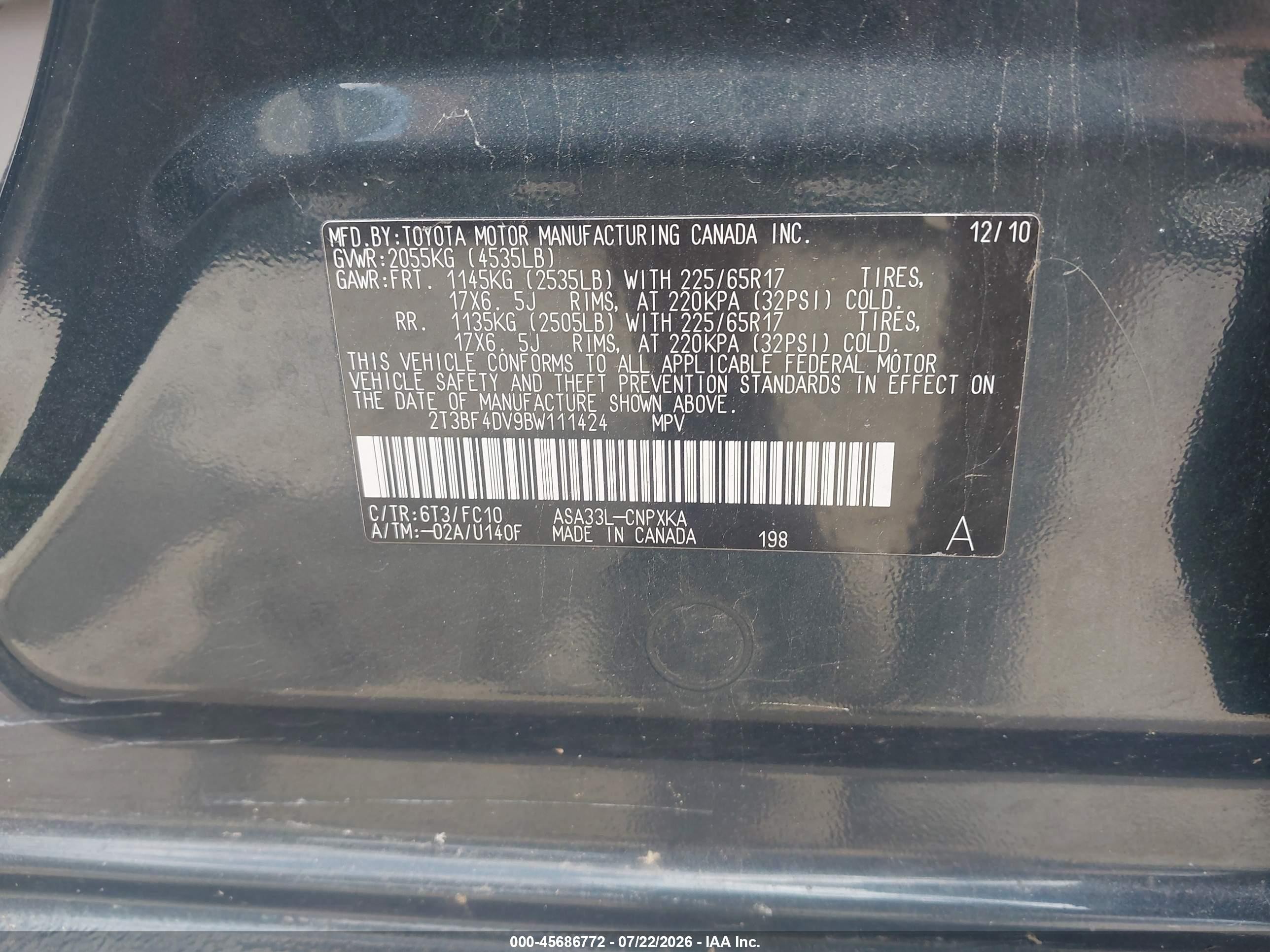 2011 Toyota Rav4   Blue vin: 2T3BF4DV9BW111424