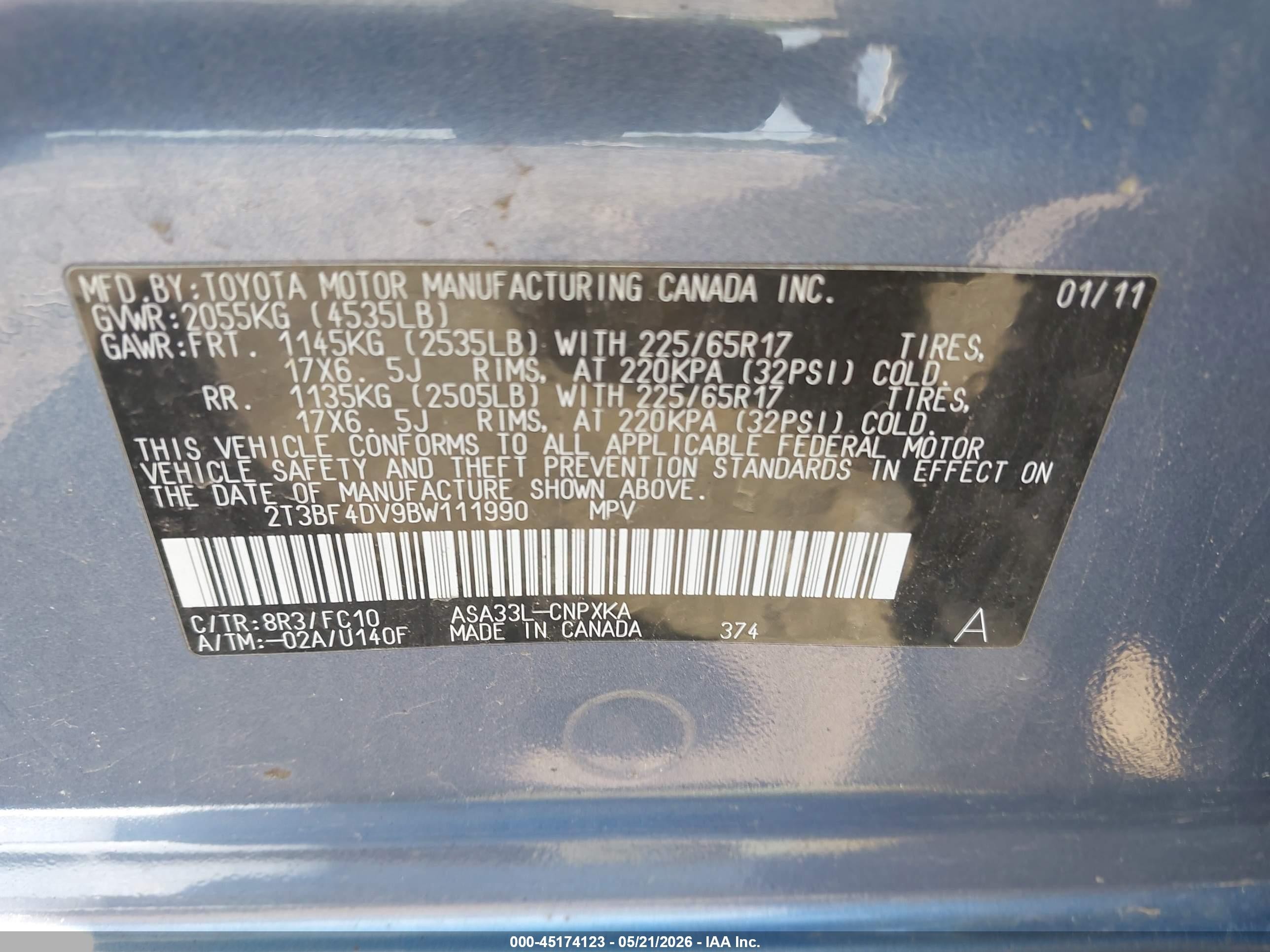 2011 Toyota Rav4   Синий vin: 2T3BF4DV9BW111990