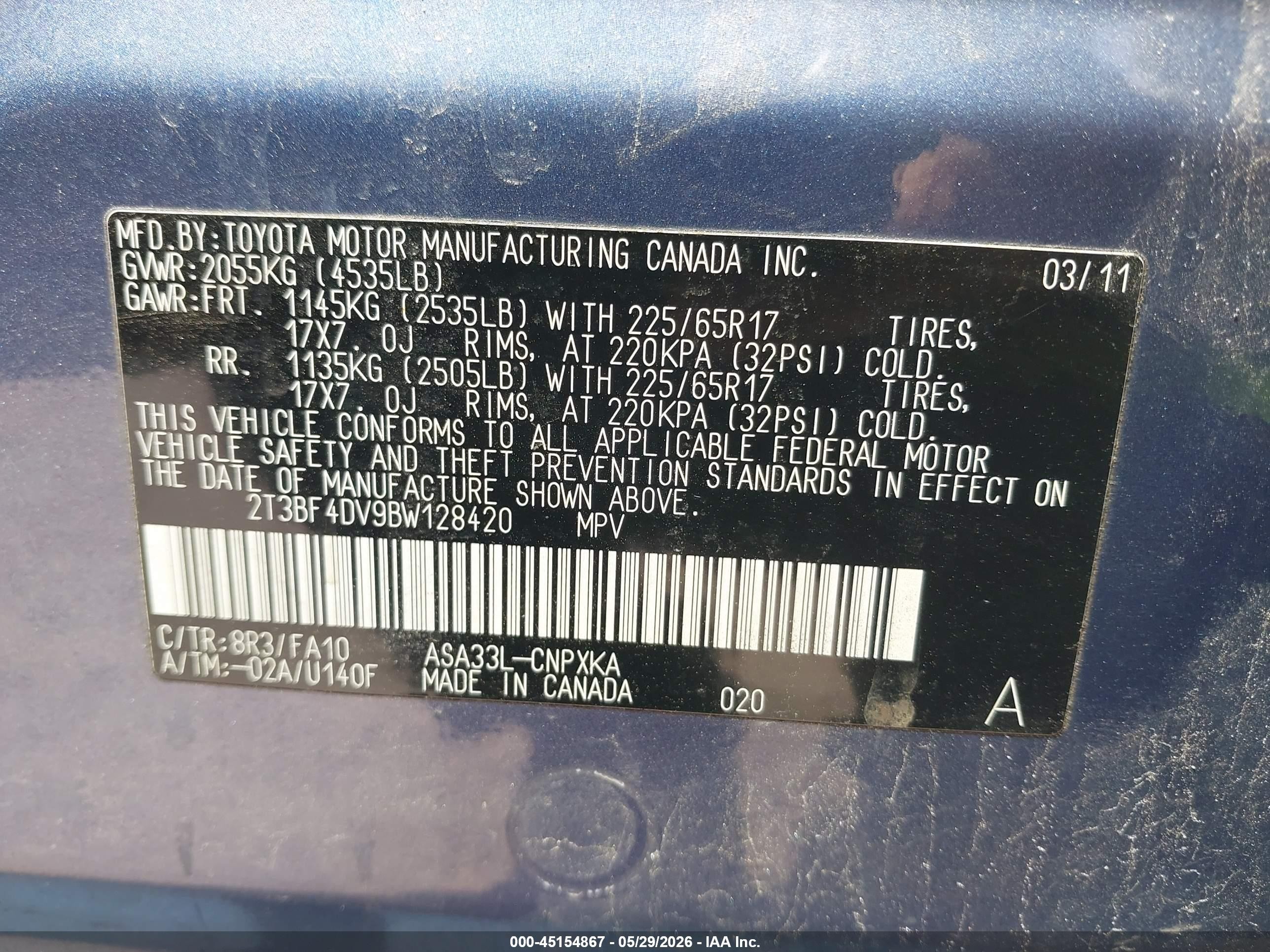 2011 Toyota Rav4   Blue vin: 2T3BF4DV9BW128420