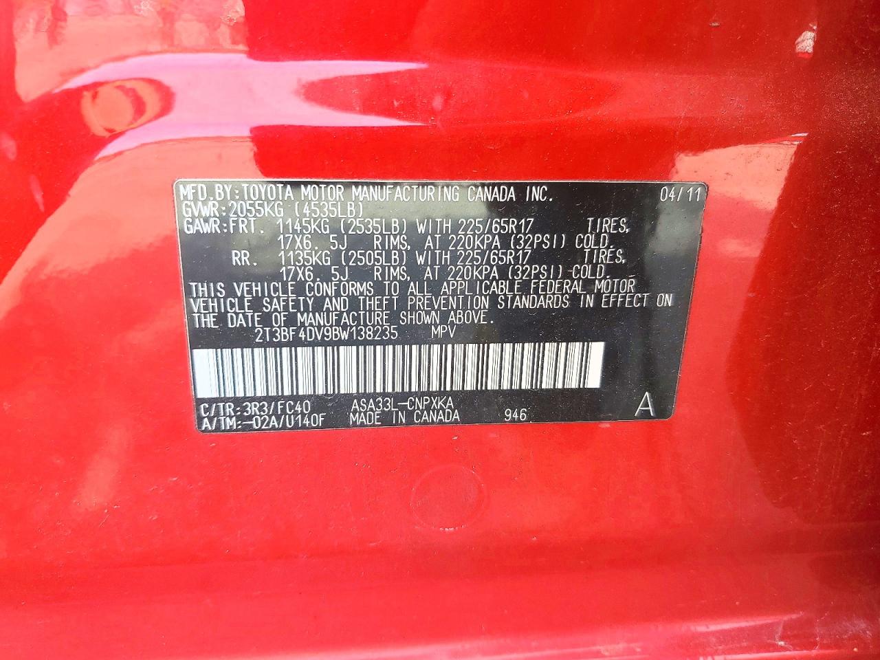 2011 Toyota Rav4 Base Red vin: 2T3BF4DV9BW138235