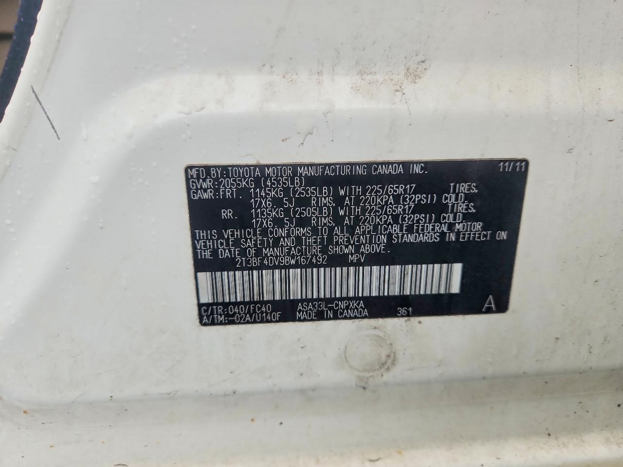2011 Toyota Rav4 Base White vin: 2T3BF4DV9BW167492