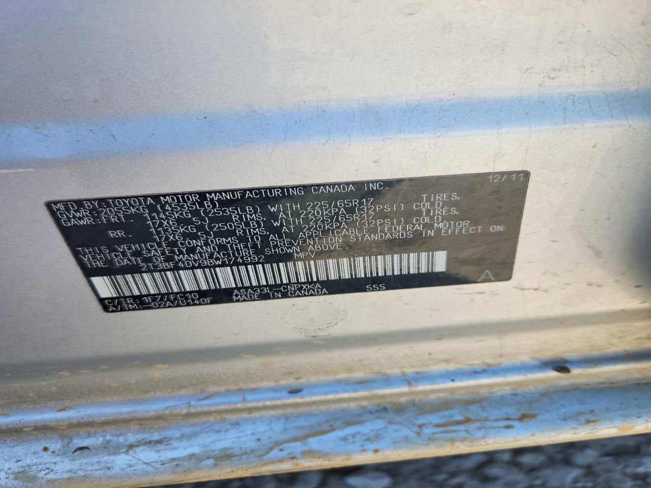 2011 Toyota Rav4 Base Silver vin: 2T3BF4DV9BW174992