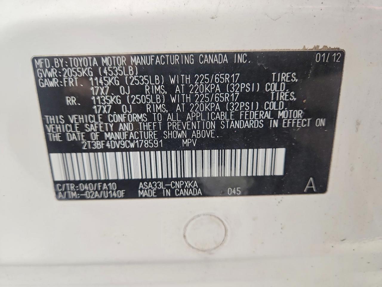 2012 Toyota Rav4 Base White vin: 2T3BF4DV9CW178591