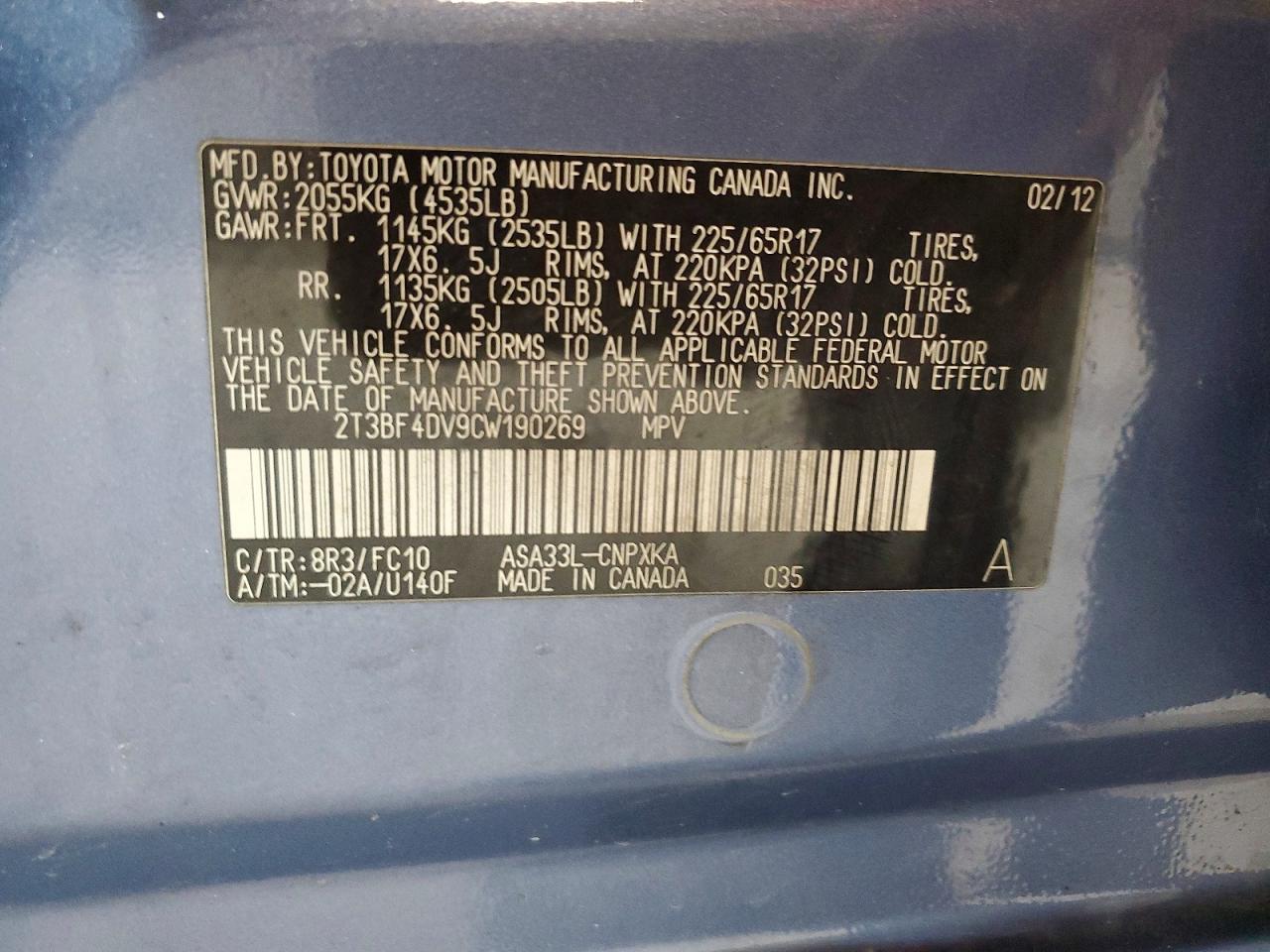 2012 Toyota Rav4 Base Blue vin: 2T3BF4DV9CW190269