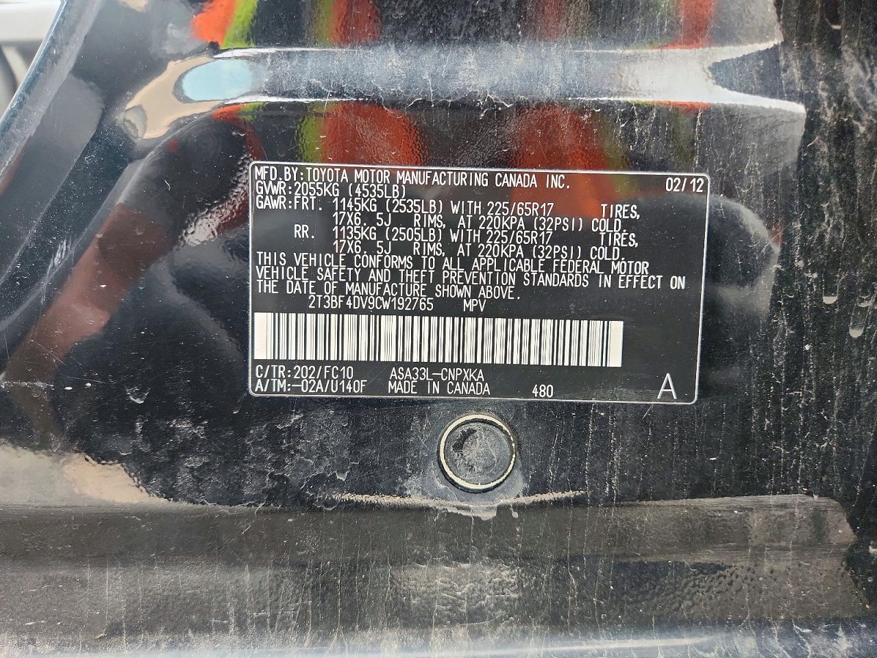 2012 Toyota Rav4 Base Black vin: 2T3BF4DV9CW192765