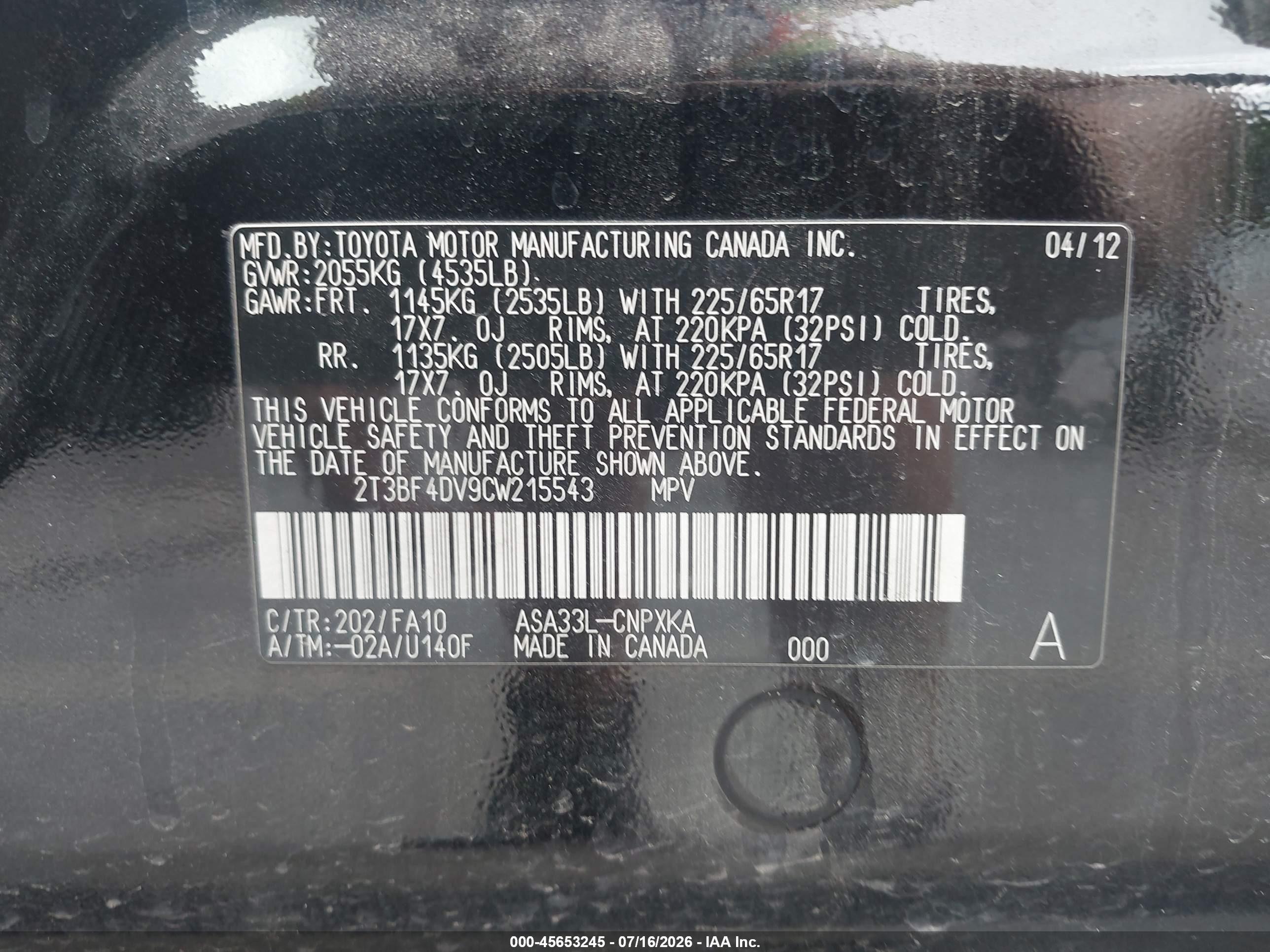 2012 Toyota Rav4 Черный vin: 2T3BF4DV9CW215543