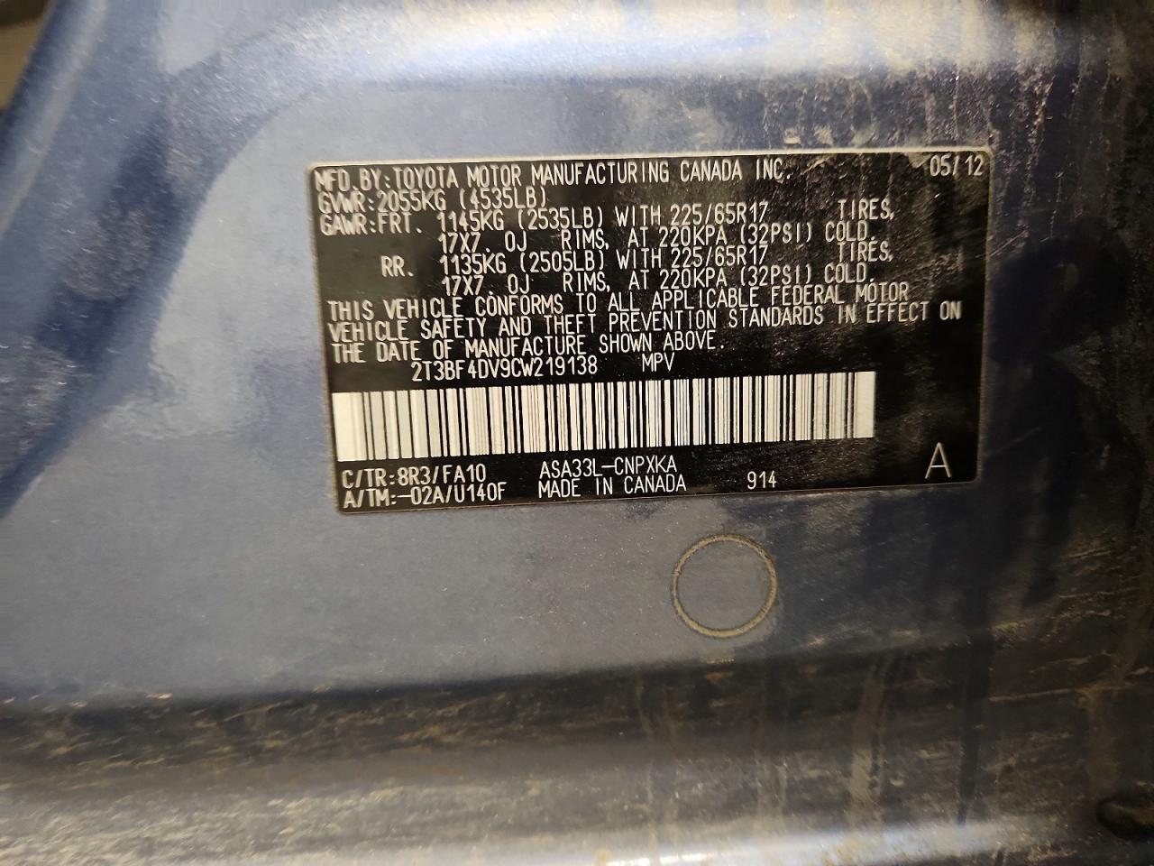 2012 Toyota Rav4 Base Blue vin: 2T3BF4DV9CW219138