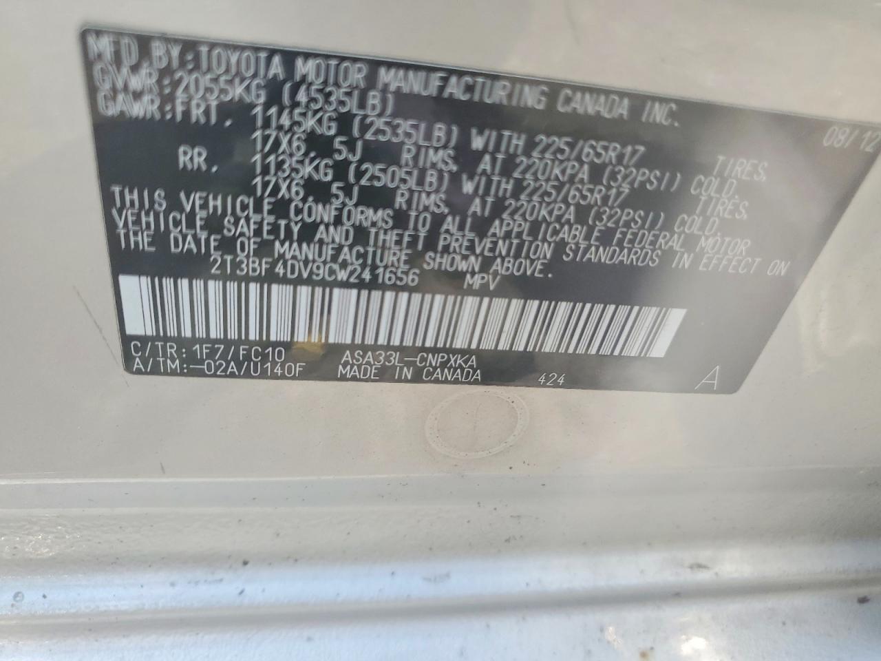 2012 Toyota Rav4 Base Silver vin: 2T3BF4DV9CW241656