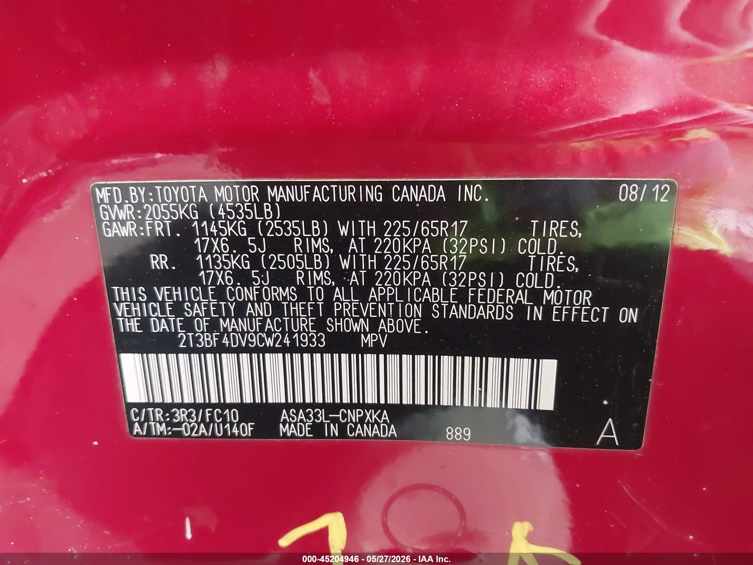 2012 Toyota Rav4   Red vin: 2T3BF4DV9CW241933