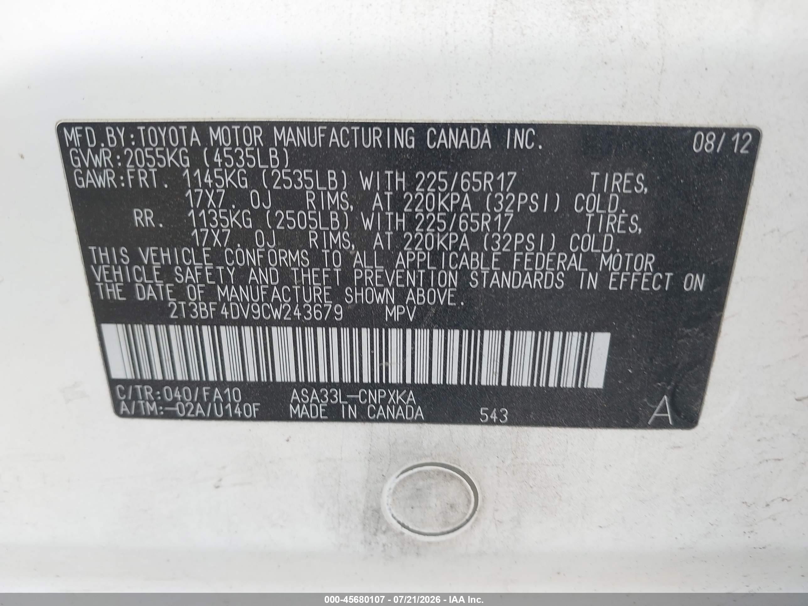 2012 Toyota Rav4   White vin: 2T3BF4DV9CW243679