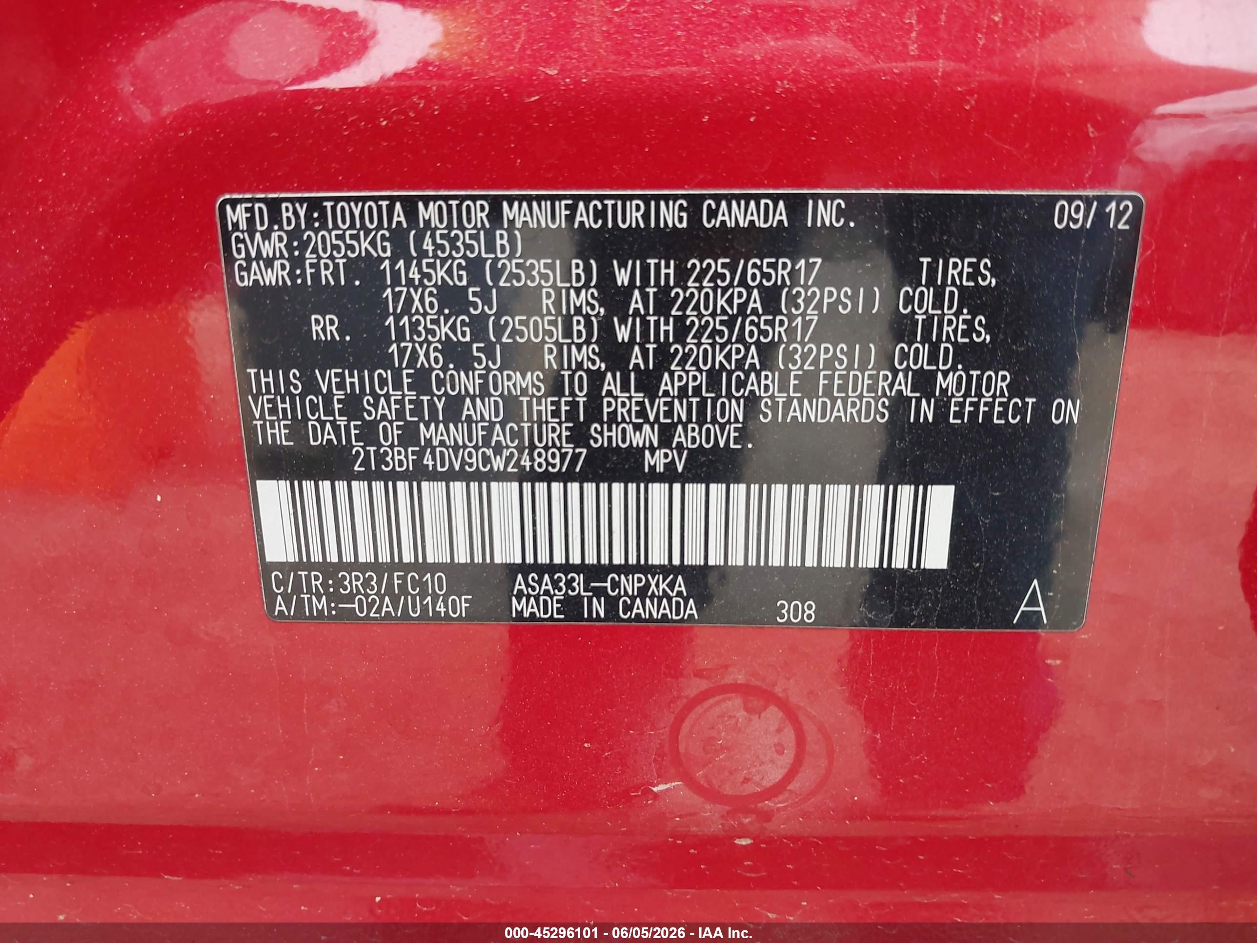 2012 Toyota Rav4 Red vin: 2T3BF4DV9CW248977