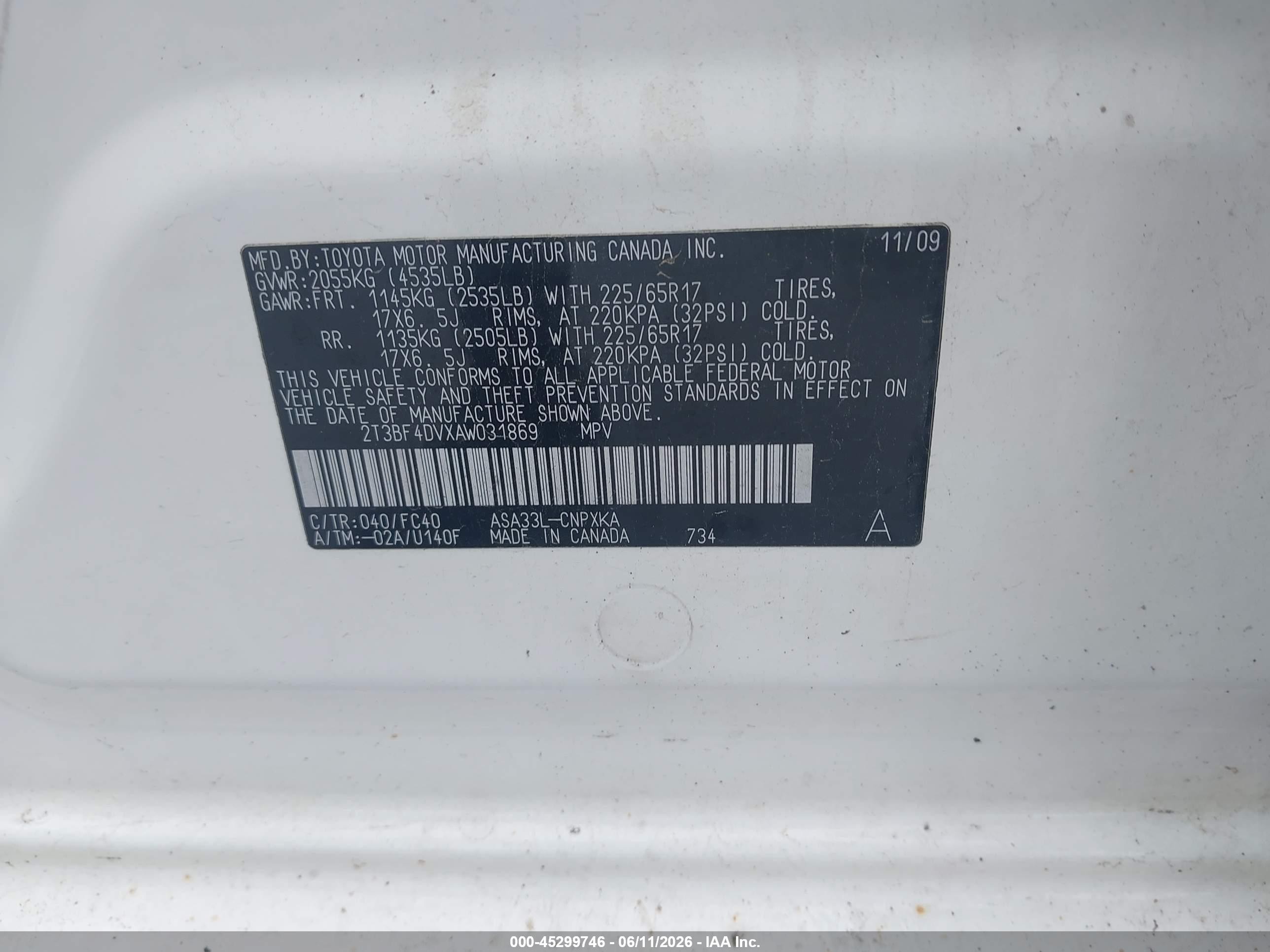 2010 Toyota Rav4   White vin: 2T3BF4DVXAW031869