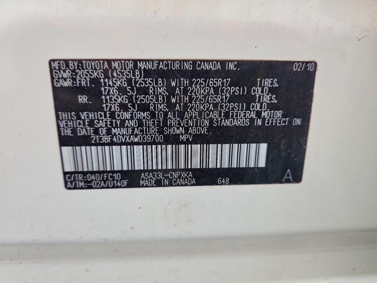 2010 Toyota Rav4 Base White vin: 2T3BF4DVXAW039700