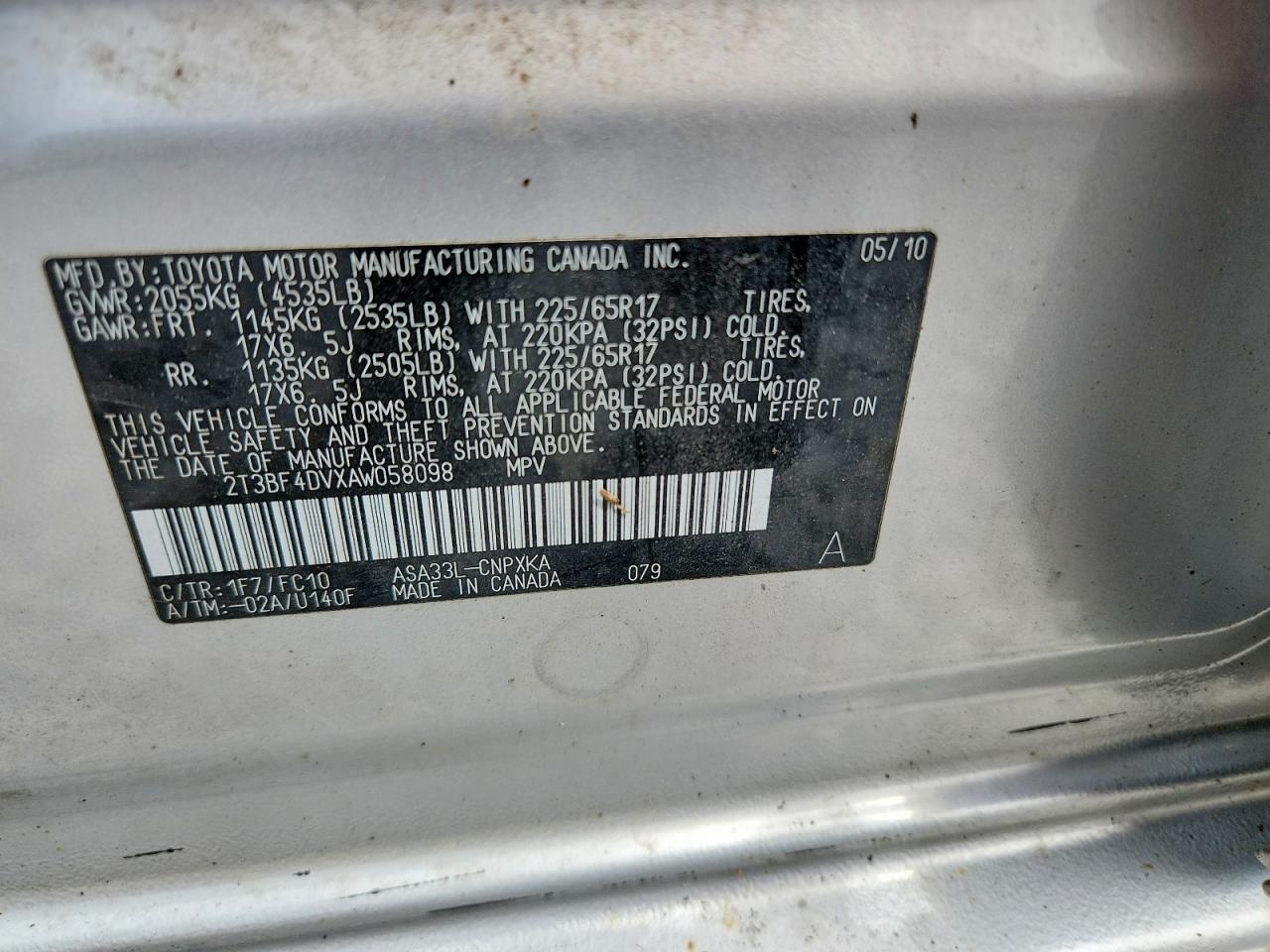 2010 Toyota Rav4 Base Silver vin: 2T3BF4DVXAW058098