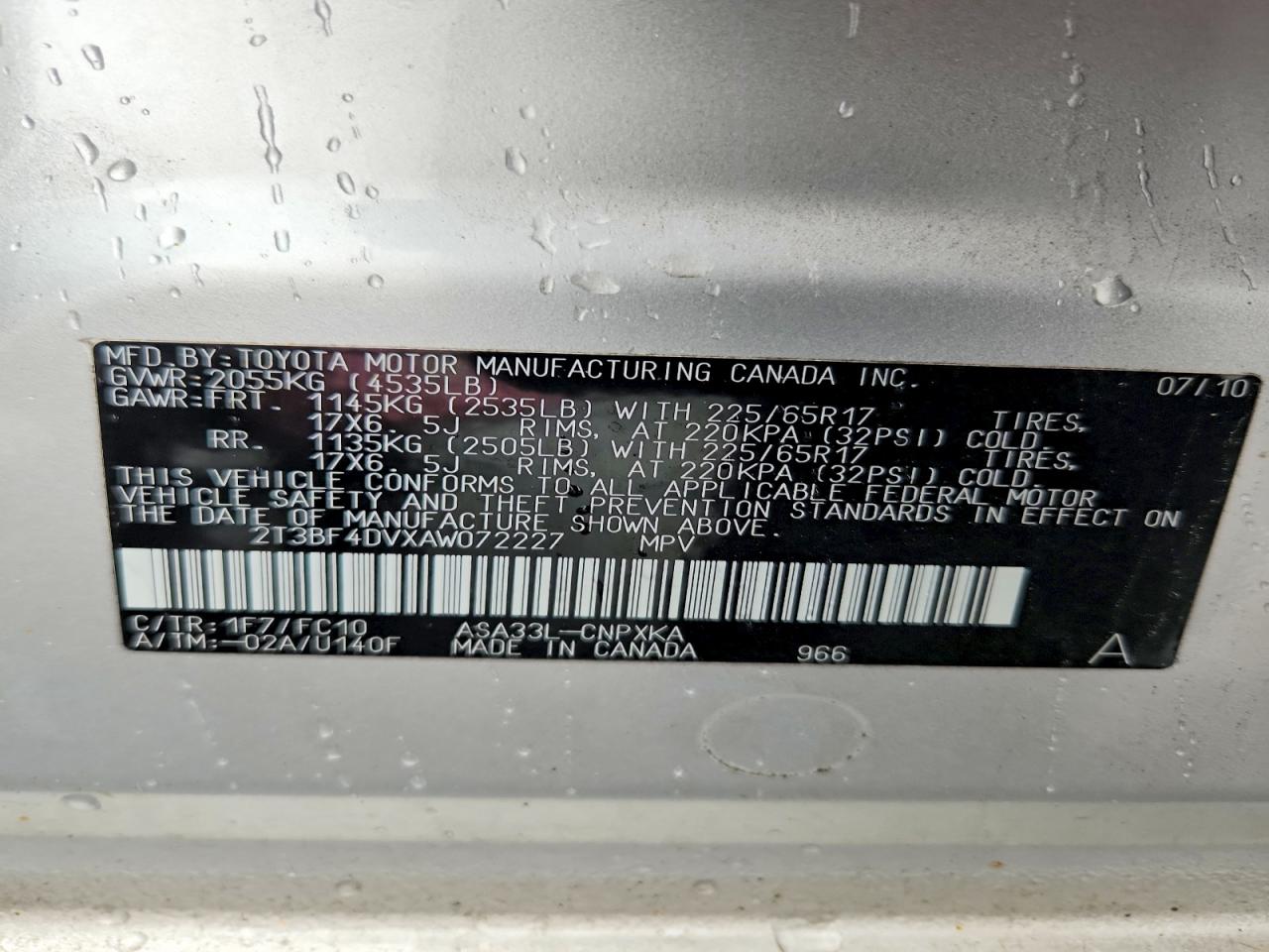 2010 Toyota Rav4 Base Серебряный vin: 2T3BF4DVXAW072227