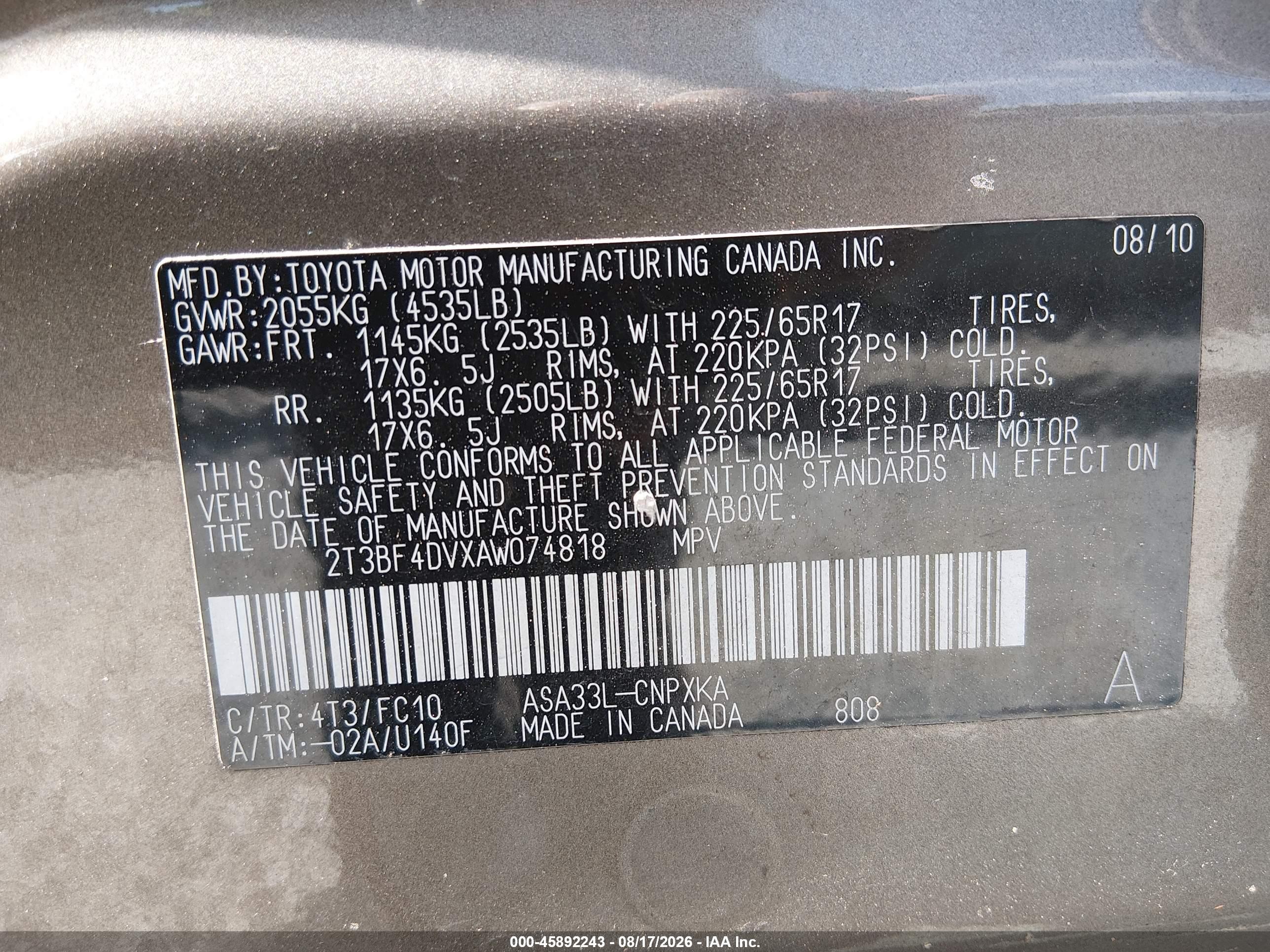 2010 Toyota Rav4   Gray vin: 2T3BF4DVXAW074818