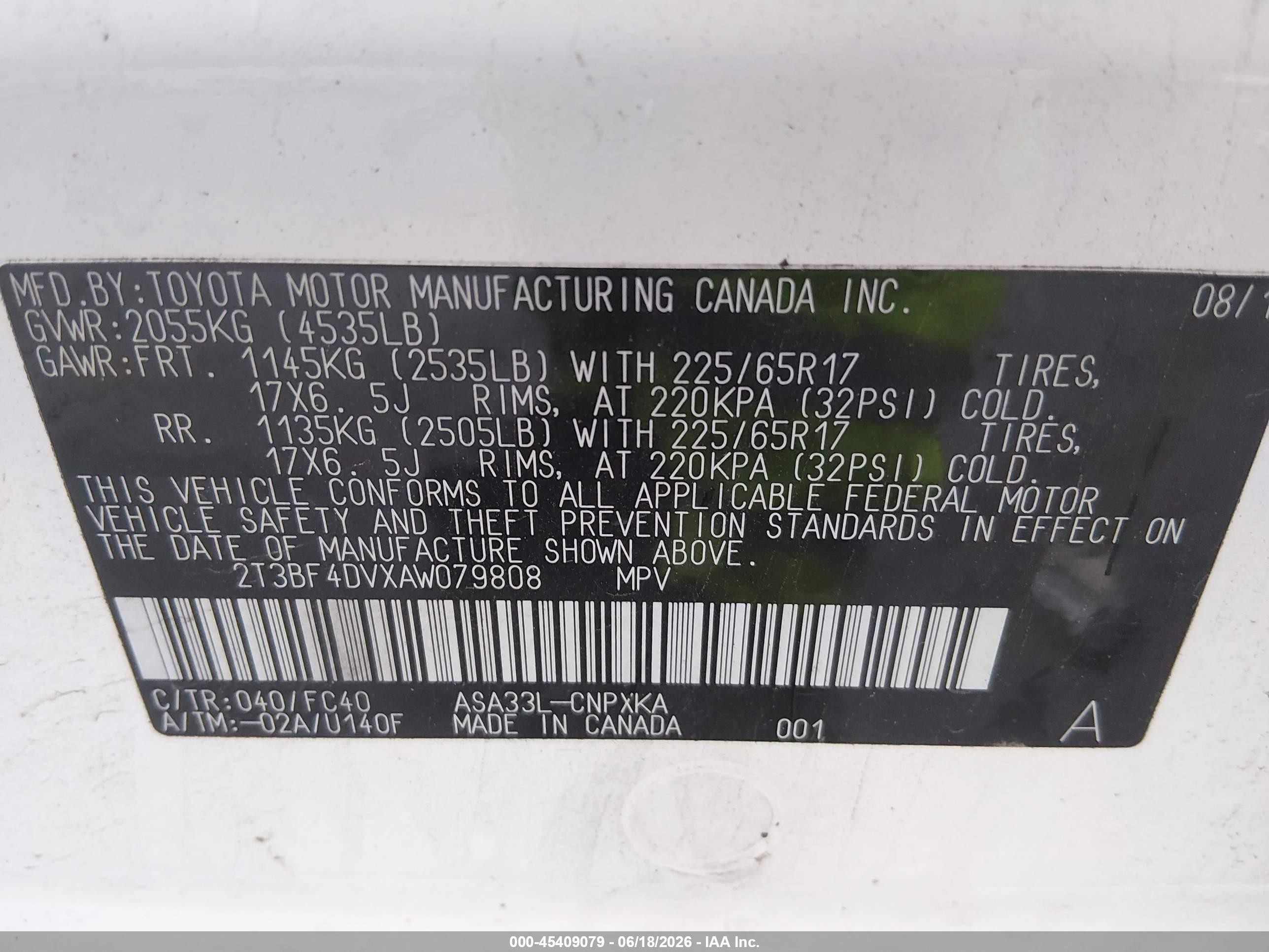 2010 Toyota Rav4   White vin: 2T3BF4DVXAW079808