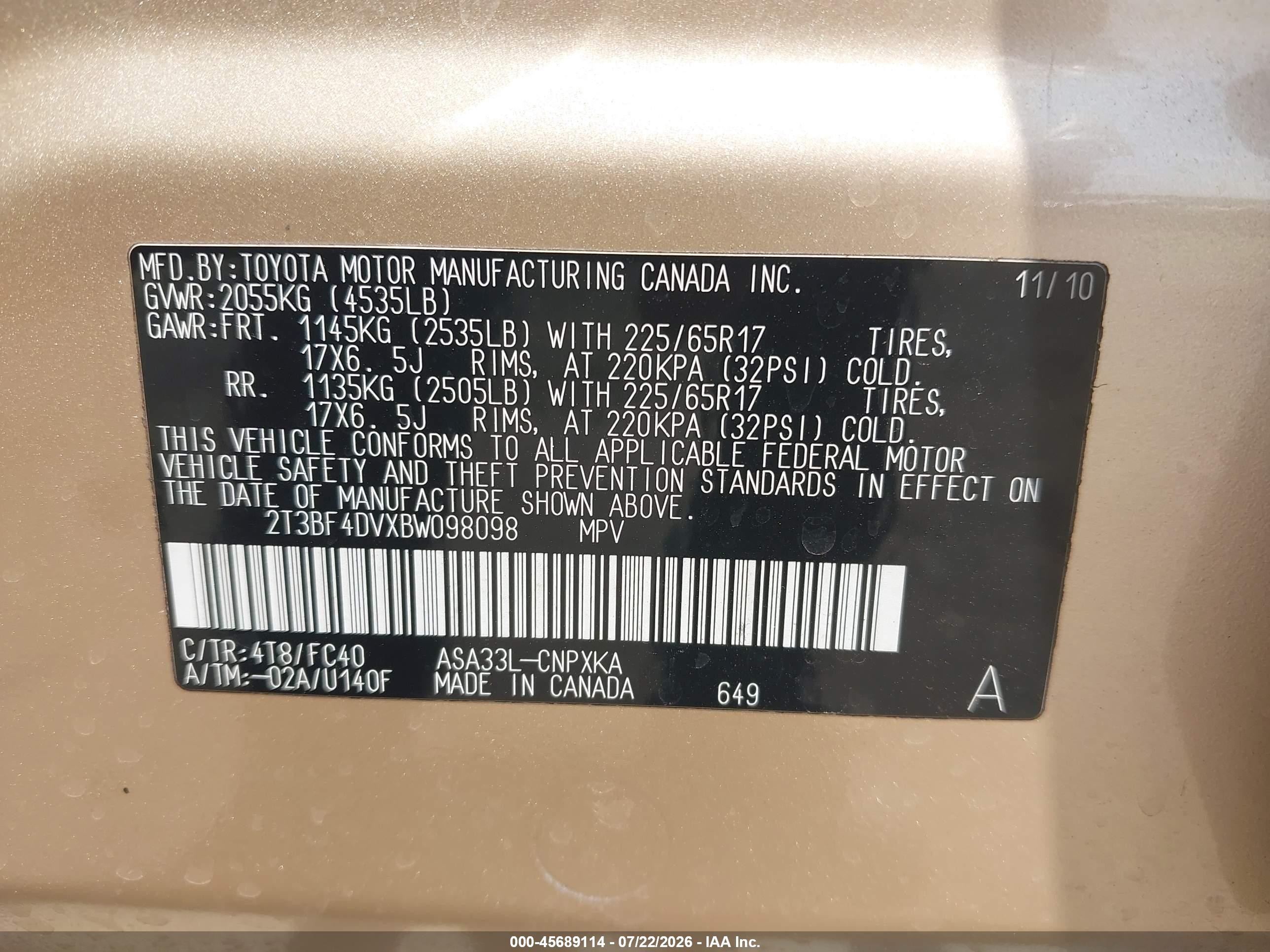 2011 Toyota Rav4   Gold vin: 2T3BF4DVXBW098098