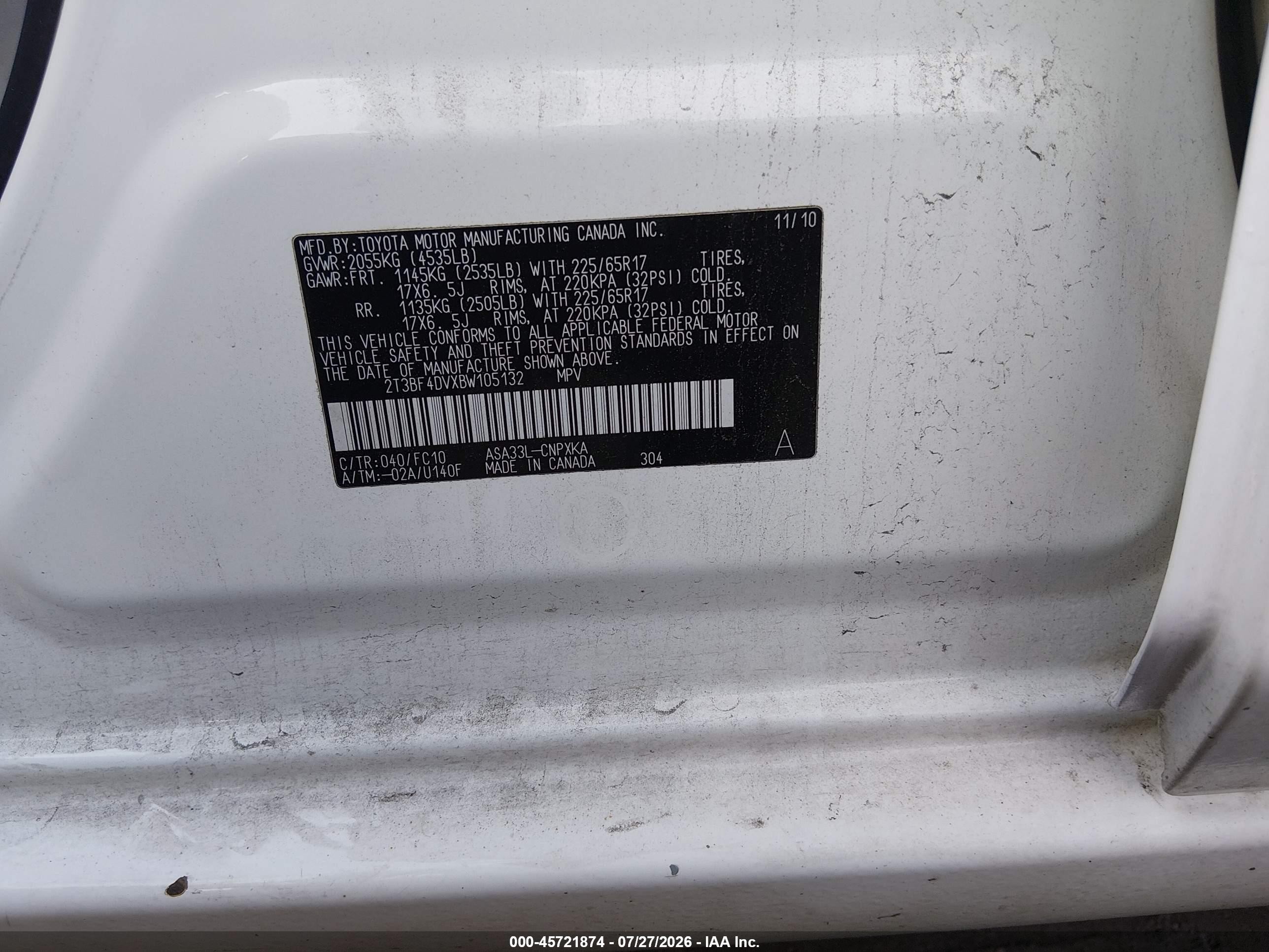 2011 Toyota Rav4   White vin: 2T3BF4DVXBW105132
