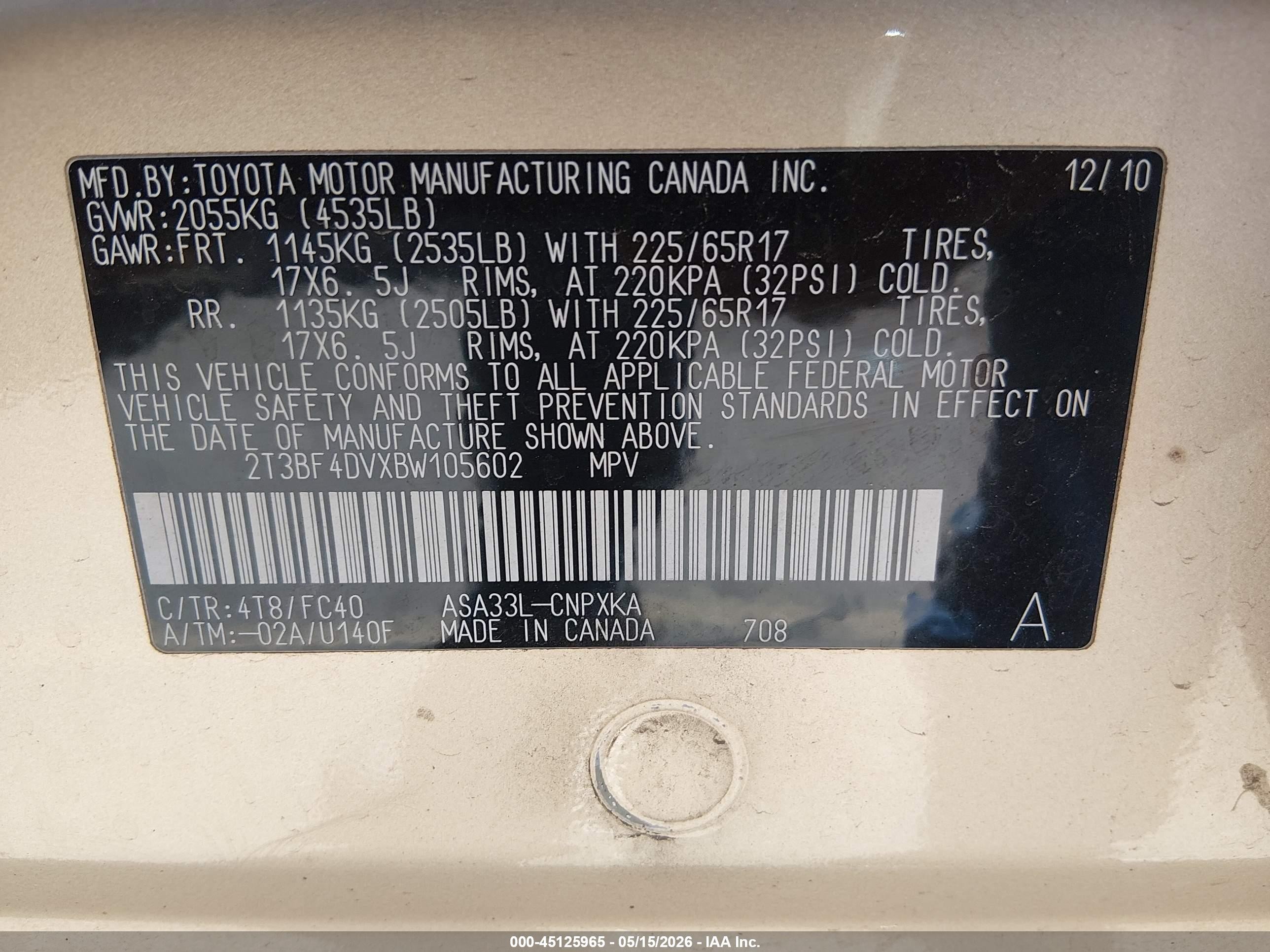 2011 Toyota Rav4 Champagne vin: 2T3BF4DVXBW105602