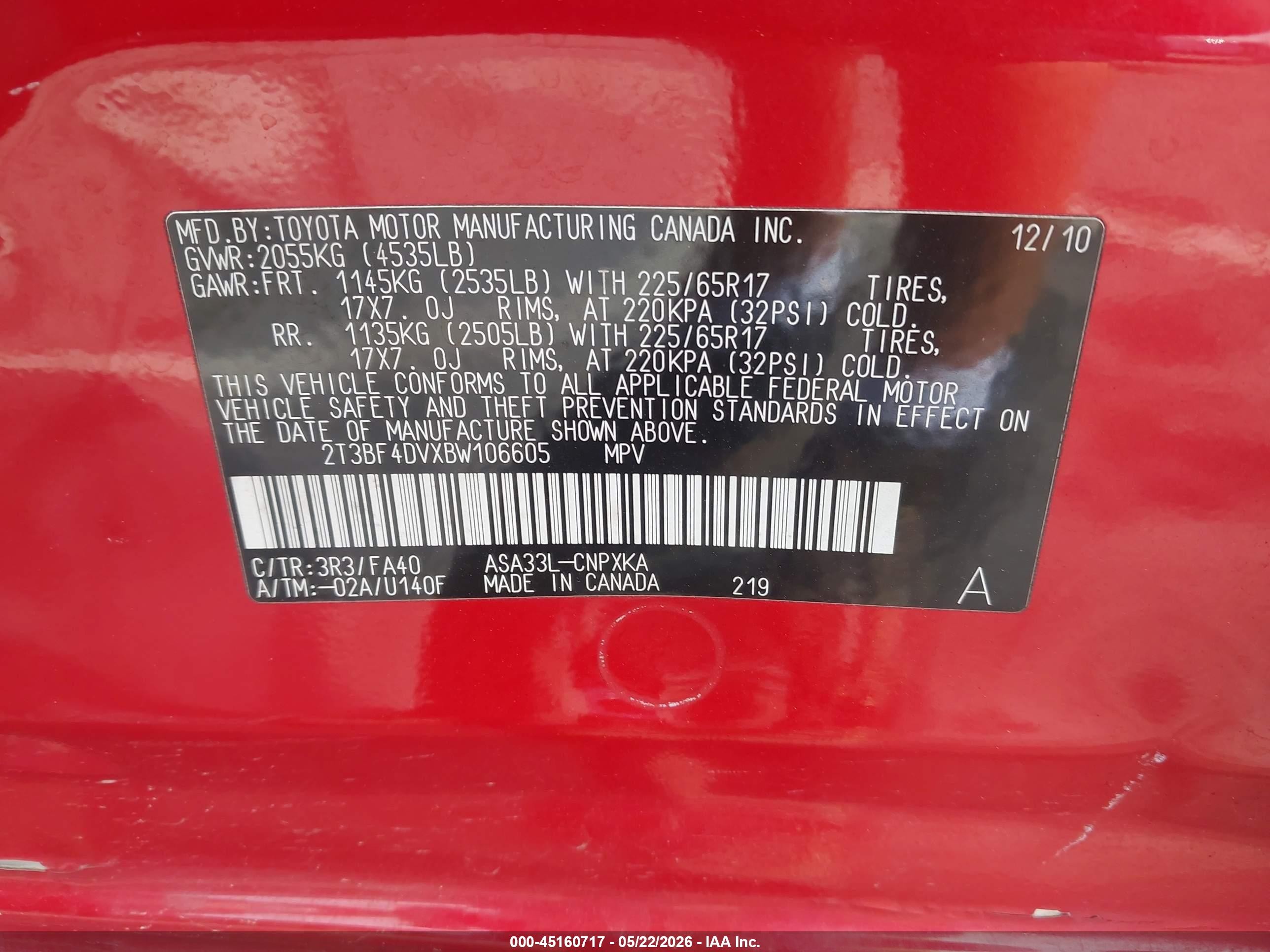 2011 Toyota Rav4   Red vin: 2T3BF4DVXBW106605
