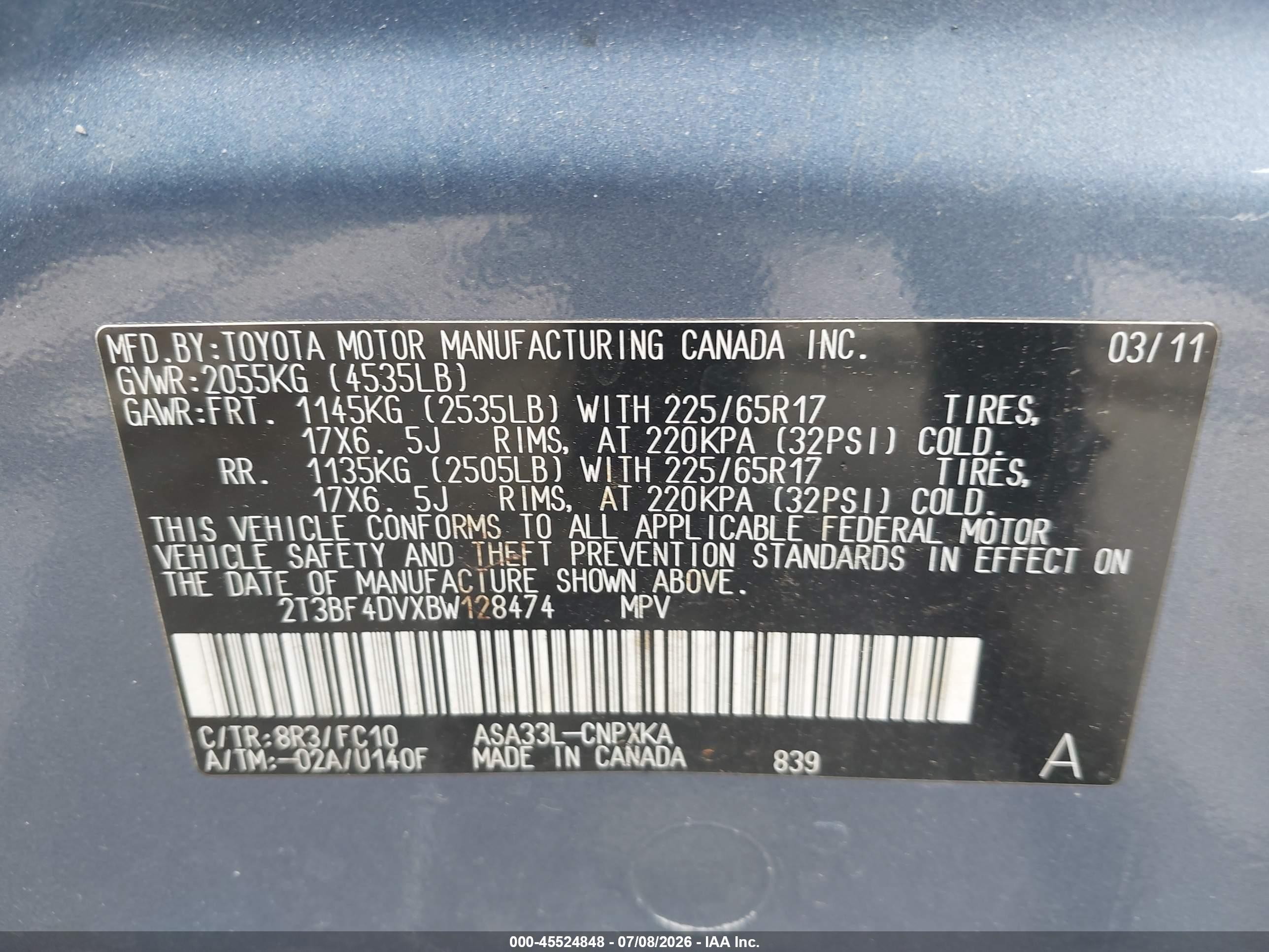 2011 Toyota Rav4   Синий vin: 2T3BF4DVXBW128474