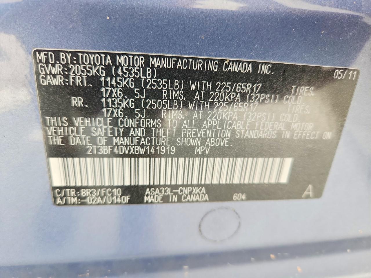 2011 Toyota Rav4 Base Blue vin: 2T3BF4DVXBW141919