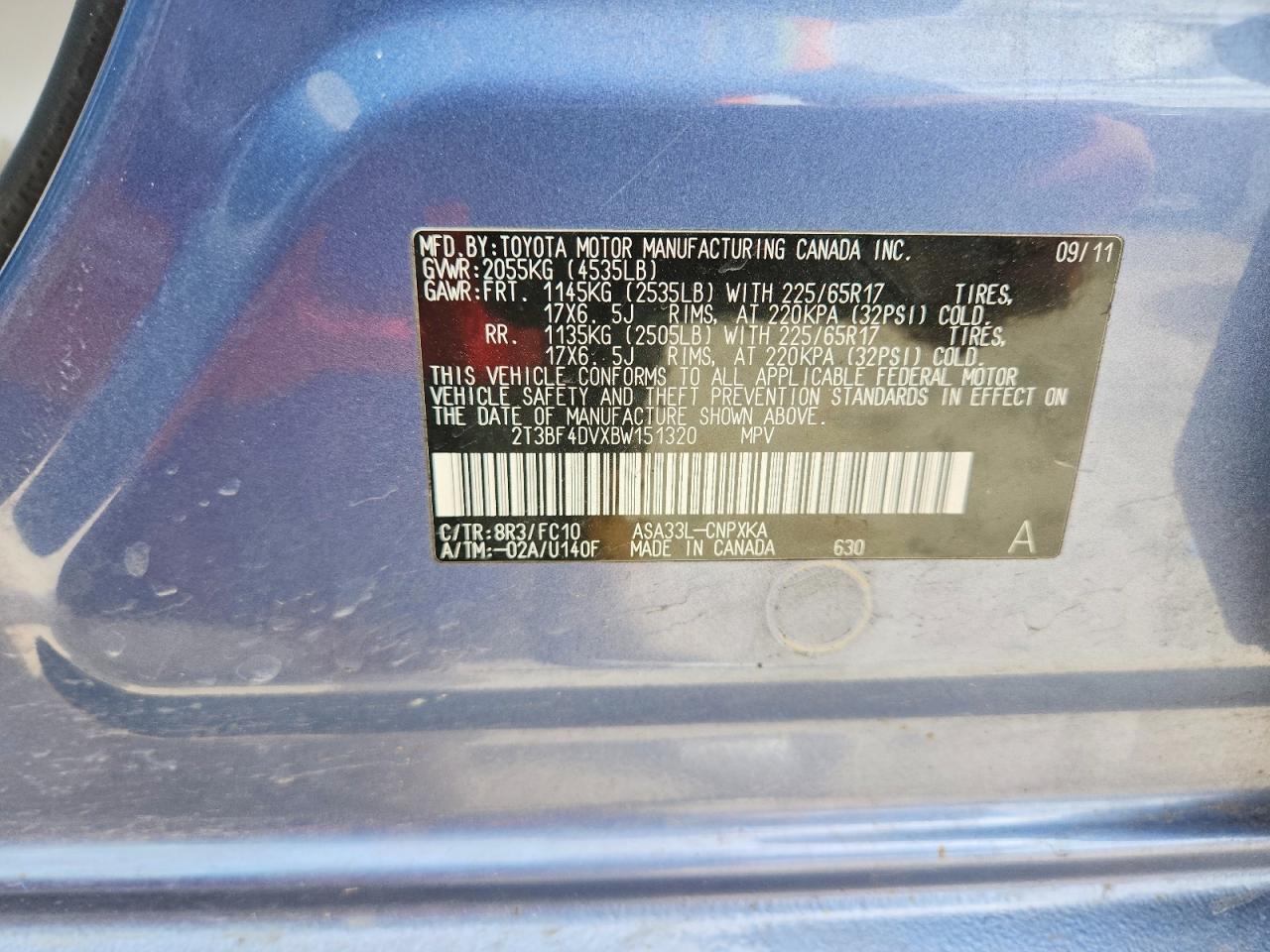 2011 Toyota Rav4 Base Blue vin: 2T3BF4DVXBW151320