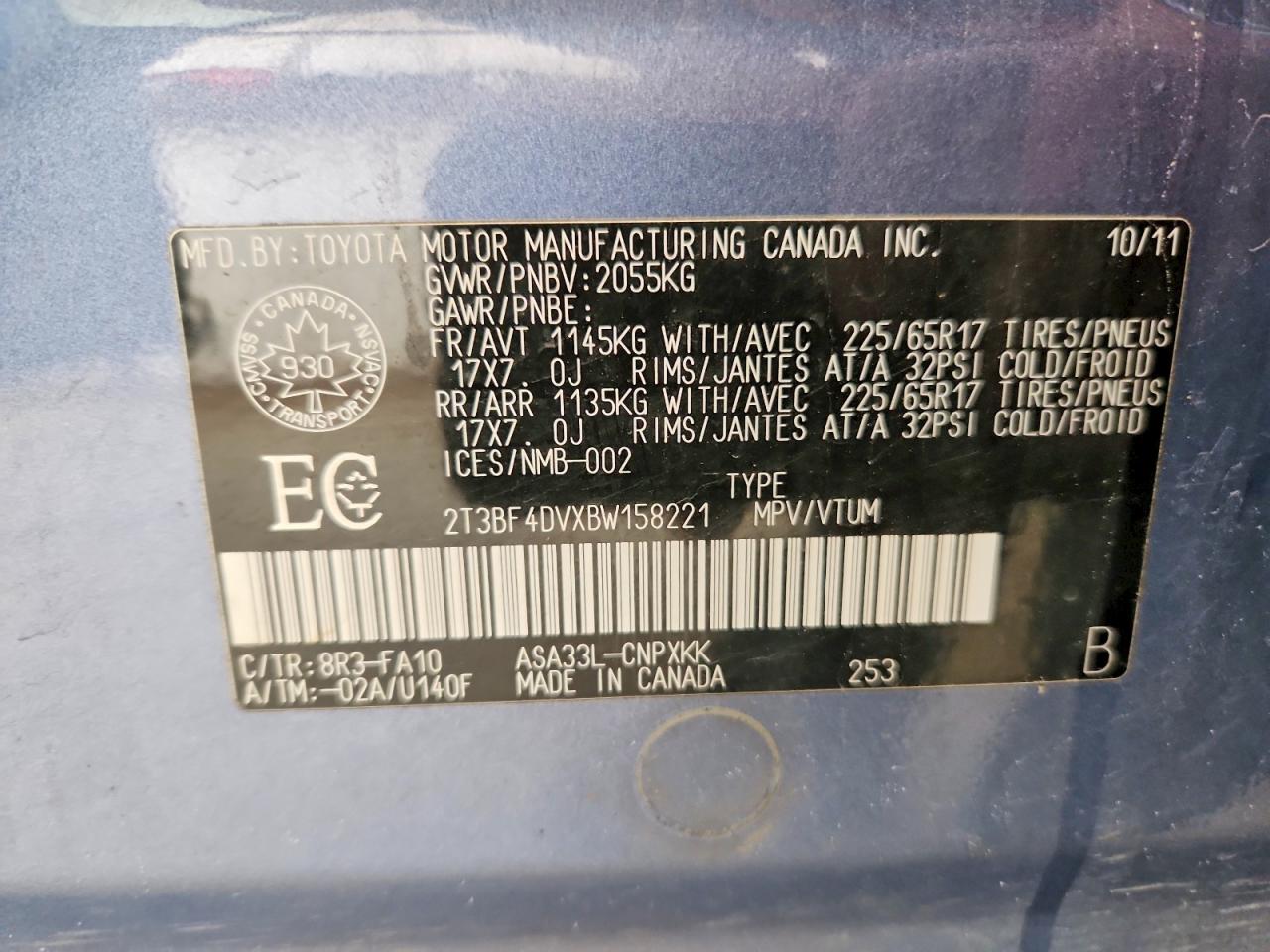 2011 Toyota Rav4 Base Blue vin: 2T3BF4DVXBW158221
