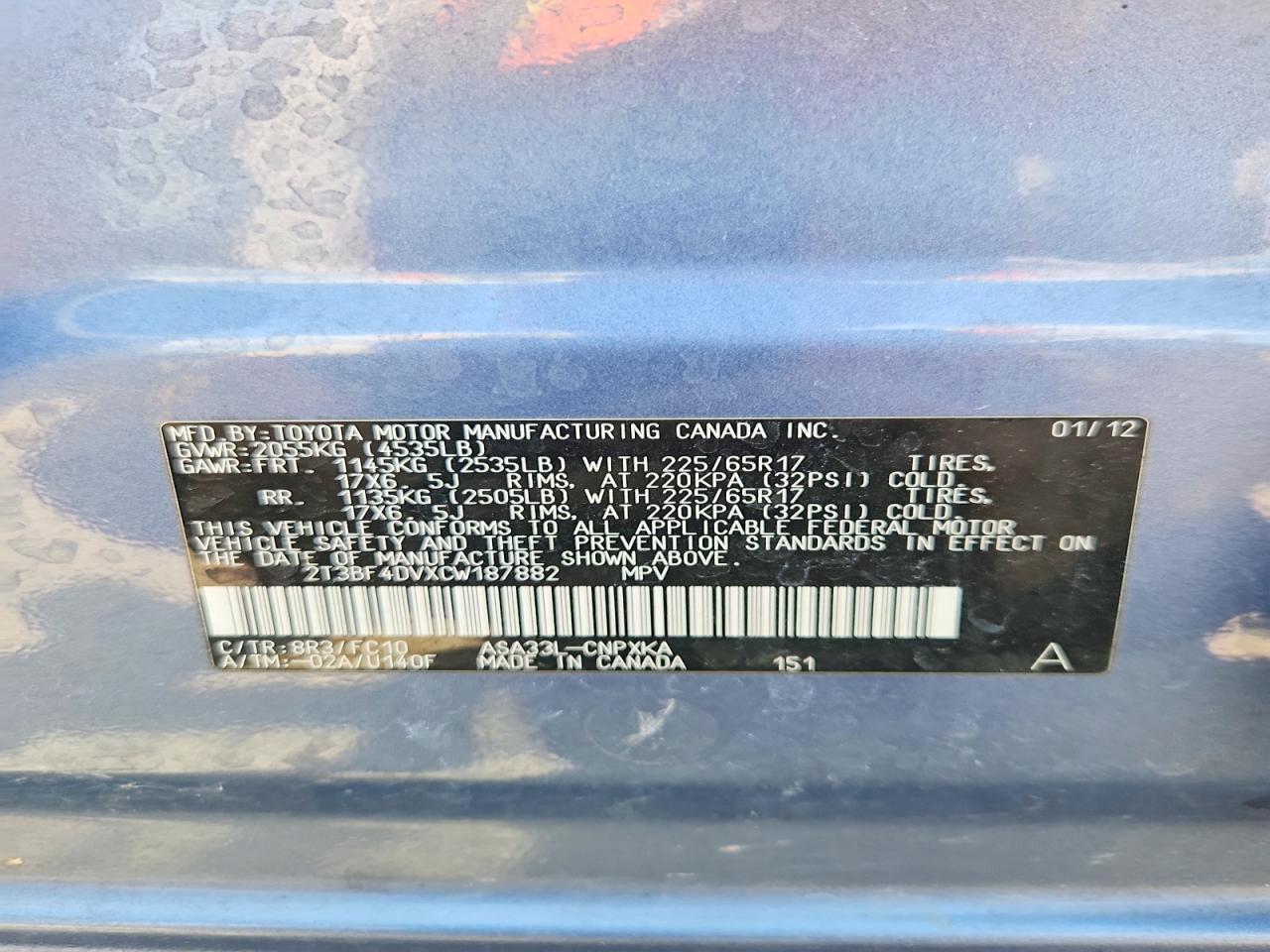 2012 Toyota Rav4 Base Синий vin: 2T3BF4DVXCW187882