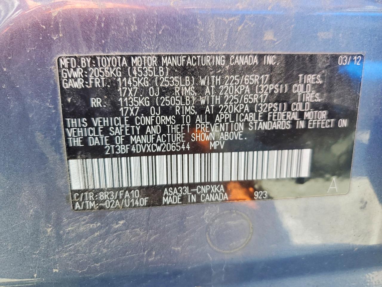 2012 Toyota Rav4 Base Blue vin: 2T3BF4DVXCW206544